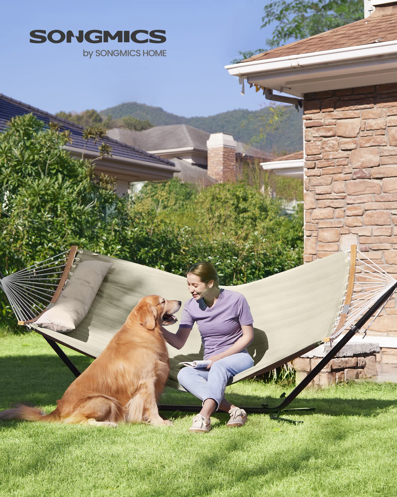 SONGMICS Hamac Double Rembourré Matelassé 200 x 140 cm 225 kg avec Barres Incurvées Démontable Bambou Oreiller Crème Beige GDC34BE