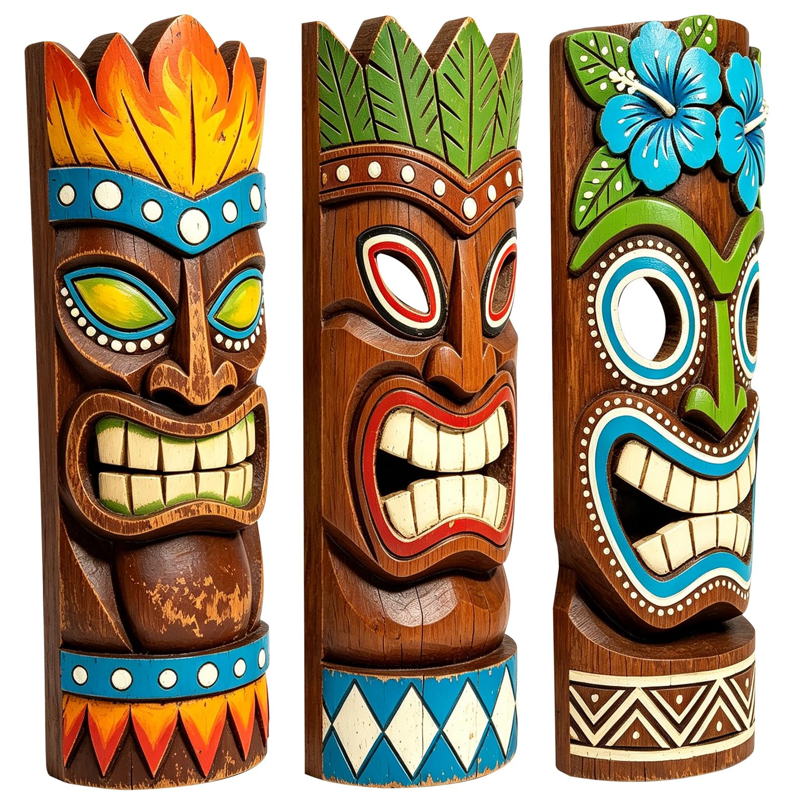 GELUOBEN Floral Painted Tiki Masks Set of 3, Hand Carved Wooden Tiki Statues, Hawaiian Polynesian Tiki Decor for Outdoor, Tiki Bar, Luau Party, Beach & Survivor Themed Decor