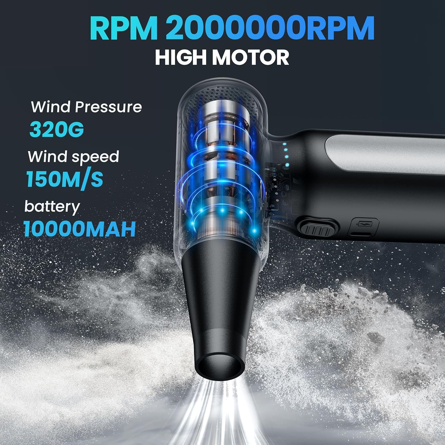 Plumero de aire comprimido, 200000 rpm, inalámbrico, eléctrico, recargable, por USB, duradero, 3 engranajes, ajustable, para PC, teclado, exterior, casa y coche (plateado)
