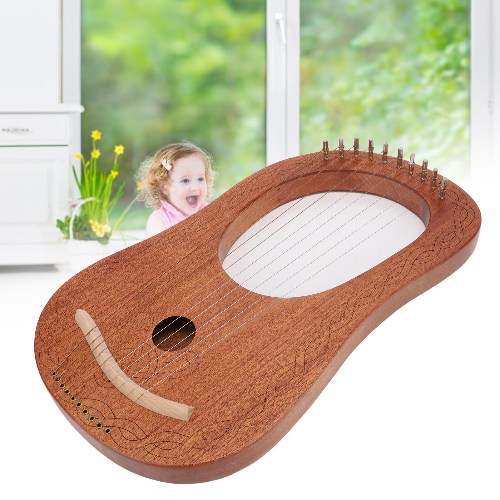 Natudeco Lyre Harp 10 Metal Strings Portable Small Okoume Lyrical Harp Classical Style with Tunning Wrench for Beginner