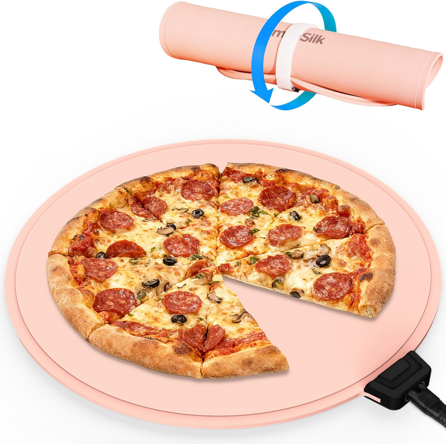 Portable Silicone Pizza Warming Mat - Roll Up Electric Food Heating Pad Tray, Fast Even Heating for Buffet Parties, Foldable Hot Plate Warmer for Home Kitchen Gifts (Pink)