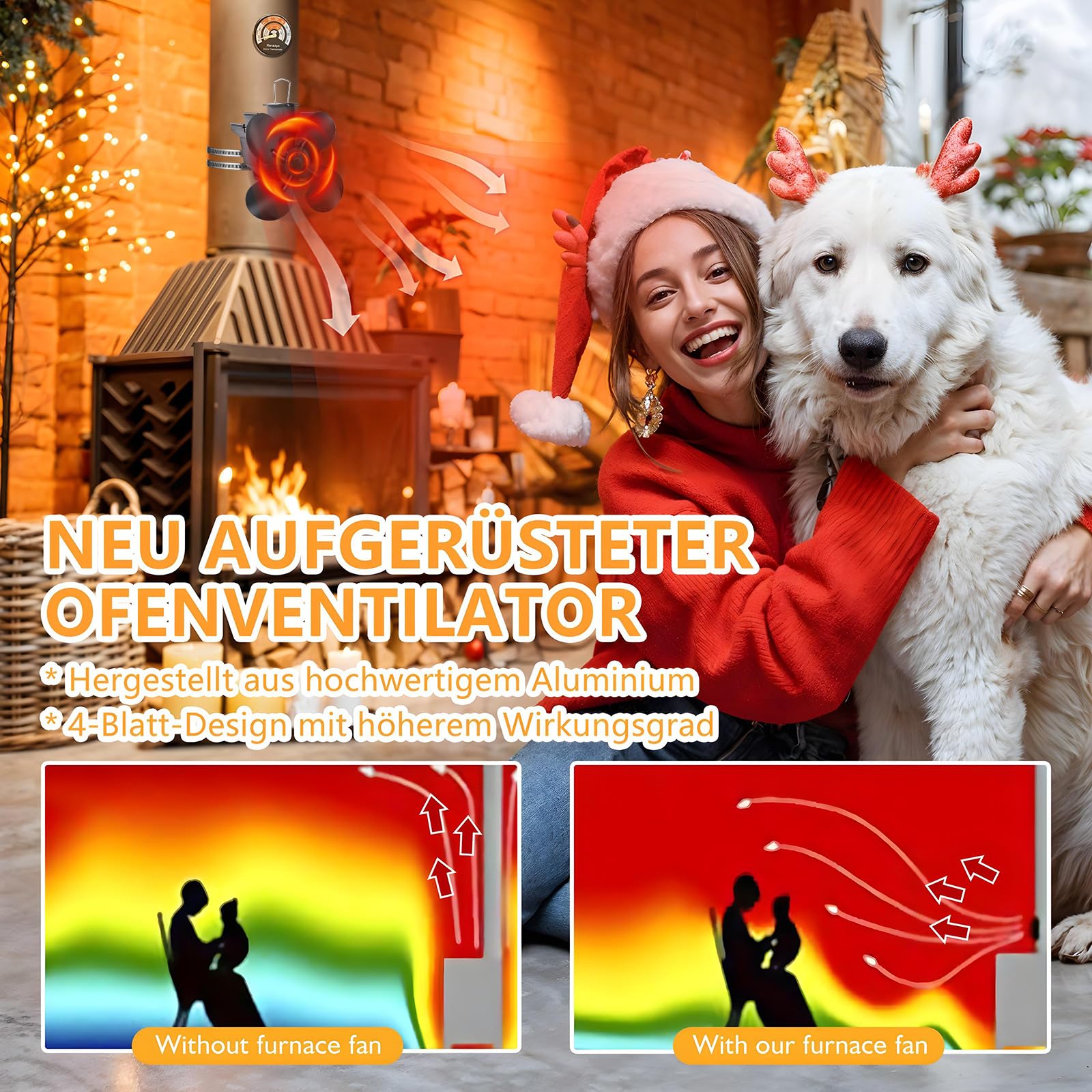 Hanaoyo Ofenventilator Ohne Strom, Kaminventilator mit Thermometer, Kaminlüfter für Holz/Brennholz/Feuerstelle/Ofenrohr, Ofenventilator für Rauchrohr mit 1 Ofenthermometer und 2 Ersatzringen
