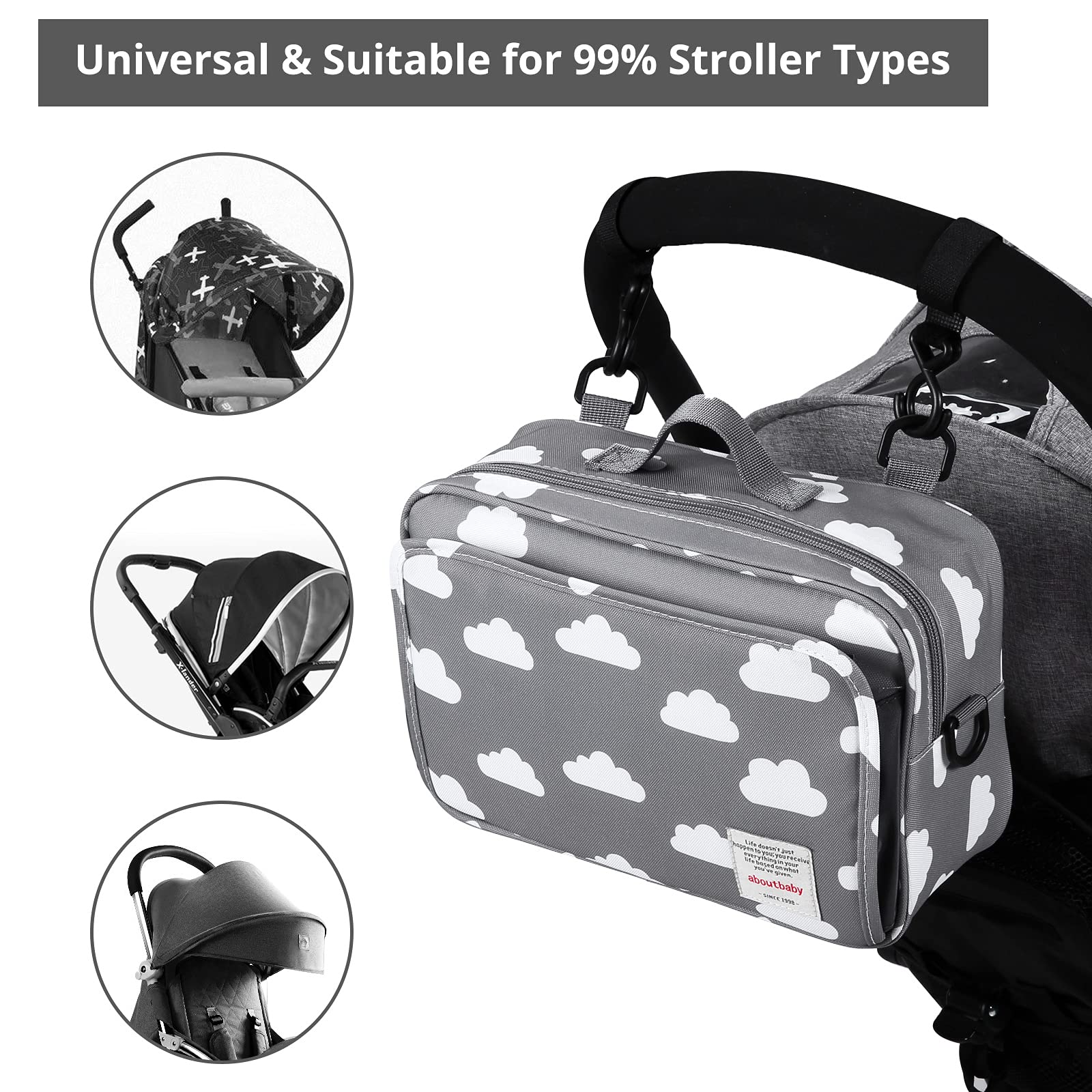 Rutschfester Kinderwagen-Organizer für Windeln mit isolierter Tasche, Kinderwagenhaken und verstellbarem Gurt, universell passend für alle Kinderwagen, Grau