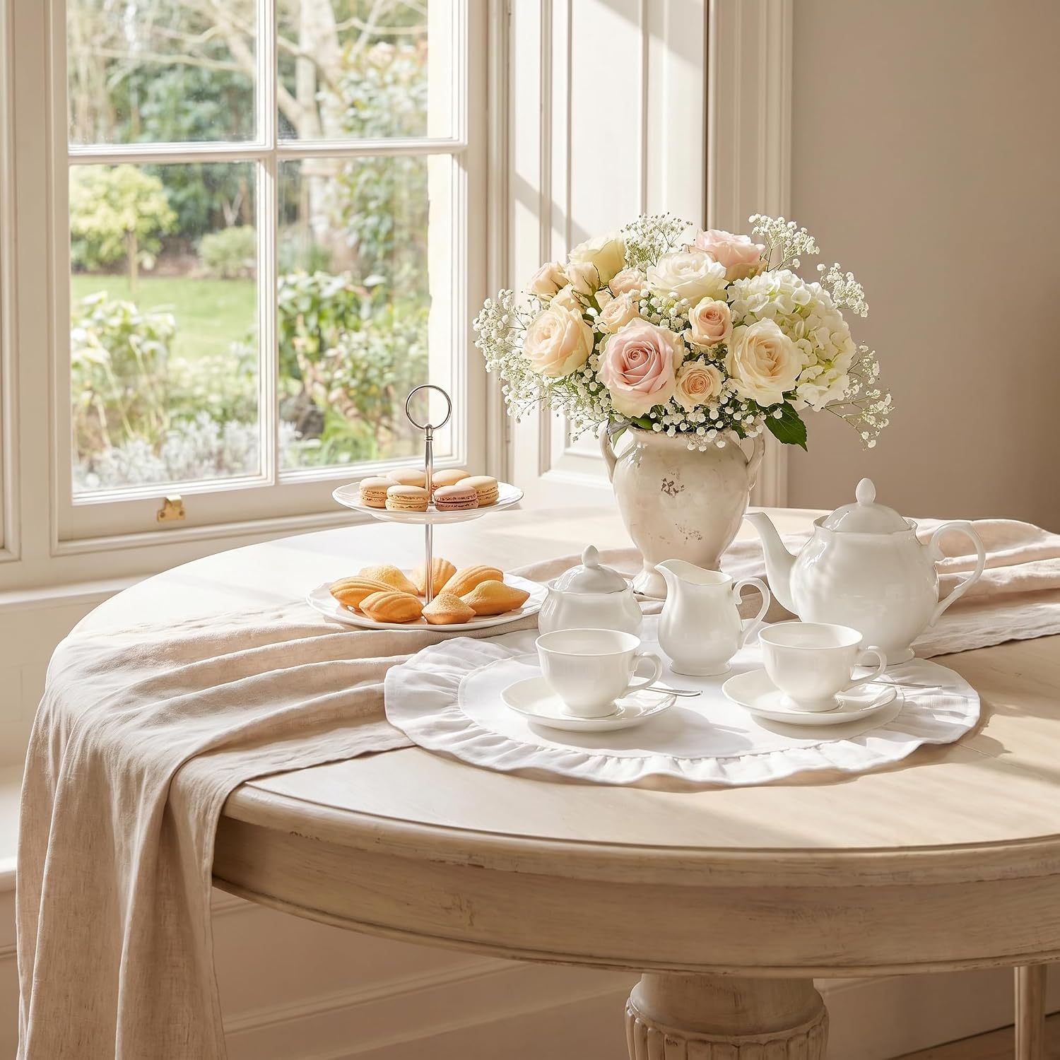 Round Ruffled Linen Blend Placemats, 15 Inch Scalloped Table Mats, Set of 4
