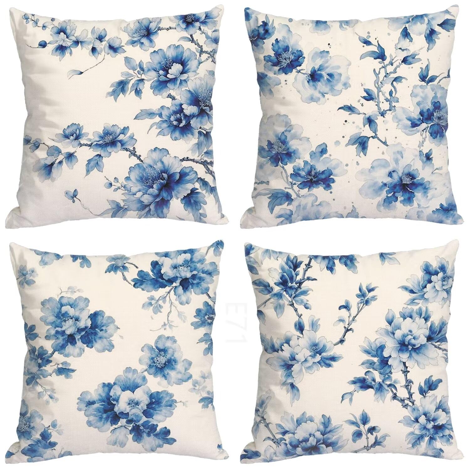 Blu Federe Cuscini Divano 65x65cm,4 Pack Fiore Estate Esterno Cuscini per Divano,Doppio Lato Quadrato Morbido Cuscini Divano,per Divano Soggiorno Sedia Letto Autunno Dekoration Cuscino,Regali LY-71