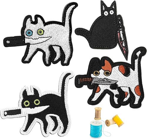 Miniatura 2 de COMNICO Parches bordados, 4 piezas divertidas de gato con parches de cuchillo, parche de gato bordado con apliques de reparación de accesorios de