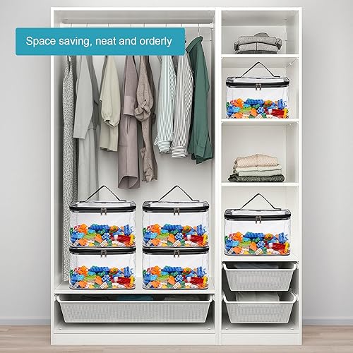 Miniatura 8 de Paquete de 4 bolsas grandes de almacenamiento transparentes para juguetes con etiqueta de nombre, bolsa organizadora de juguetes de PVC impermeable