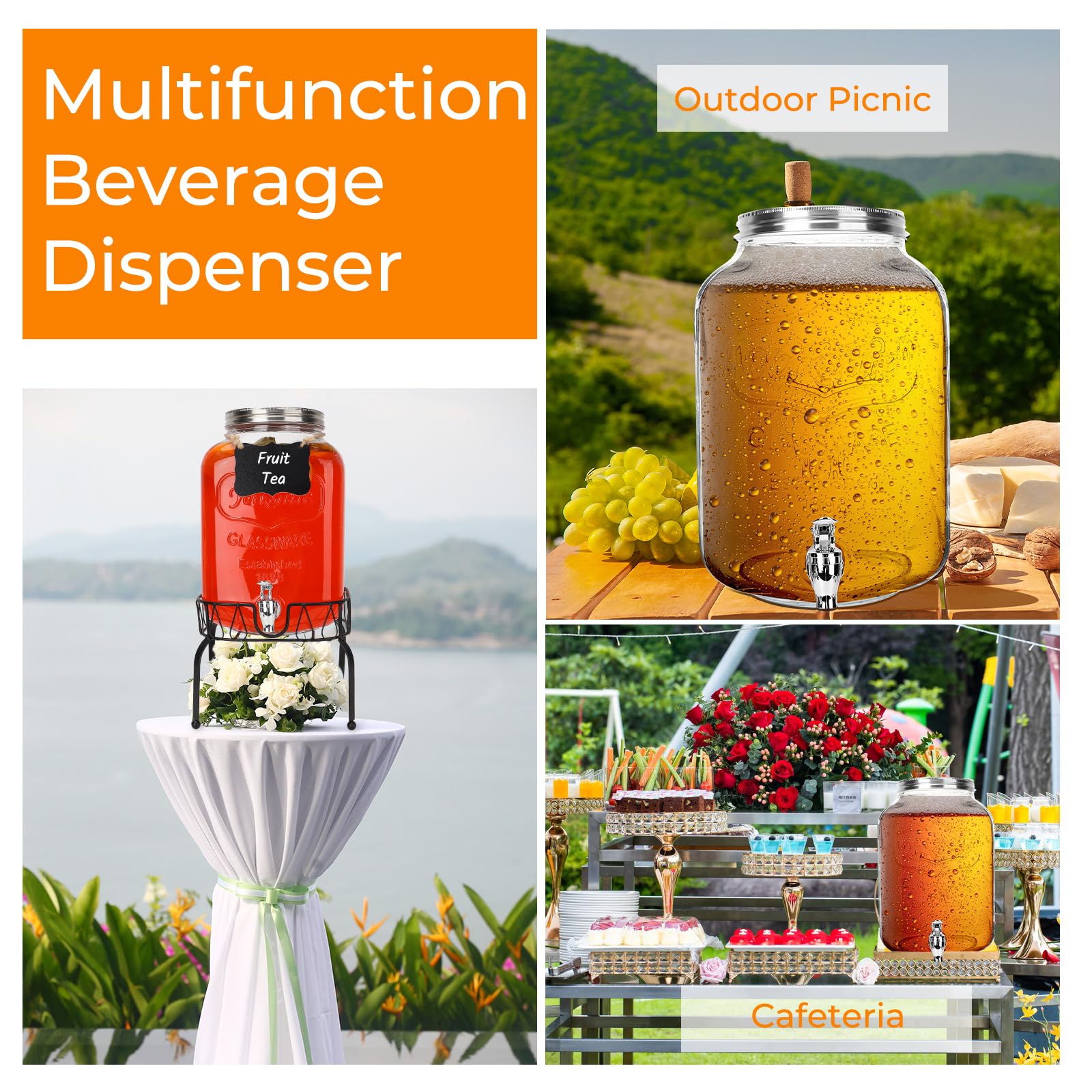 Dispensadores de bebidas de vidrio de 2 galones, 1 paquete de dispensador de bebidas transparente con soporte y espiga para fiestas, dispensador de bebidas con núcleo de hielo y calcomanía