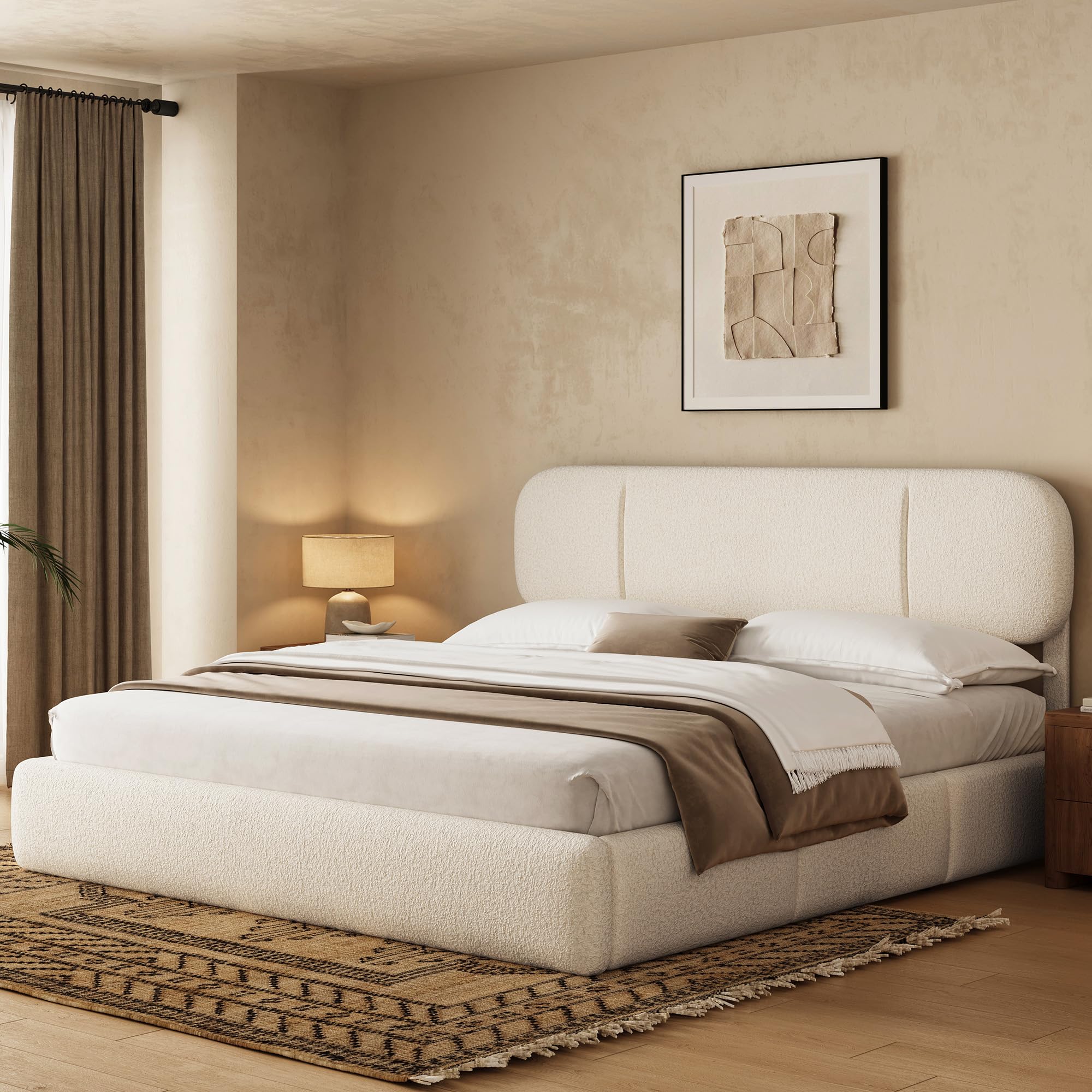 King Size Bed Frame with Storage Boucle Cloud Bed with 4 Locking Drawers LED Lights Modern Upholstered Platform