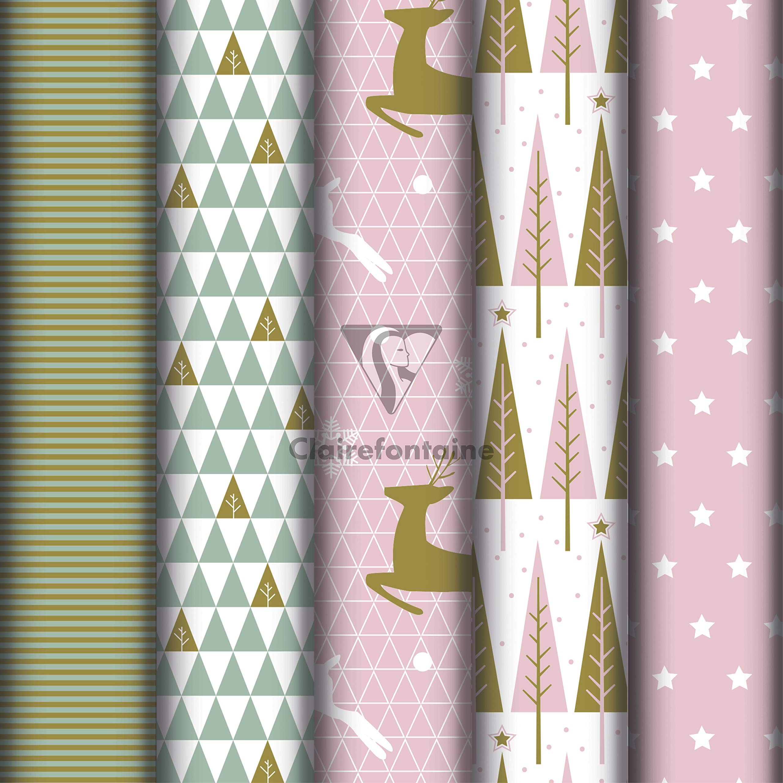Clairefontaine 201965AMZC - A Box Of 10 Rolls Of Gift Paper - Paper Excellia 80g - Dimensions: 5x0,70m - Pattern : Christmas, Rose, Gold, Fir trees, Deer, Stars