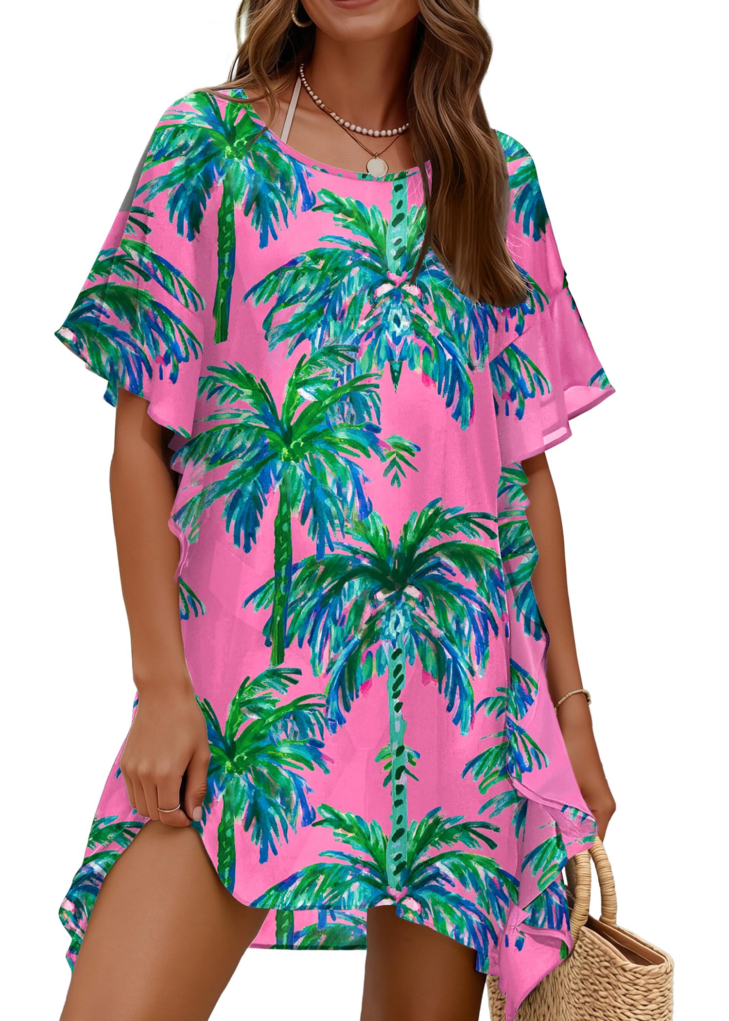 Ekouaer Womens Swimsuit Coverup Chiffon Floral Bathing Suit Cover Up Ruffled Summer Beachwear Bikini Coverups S-3XL