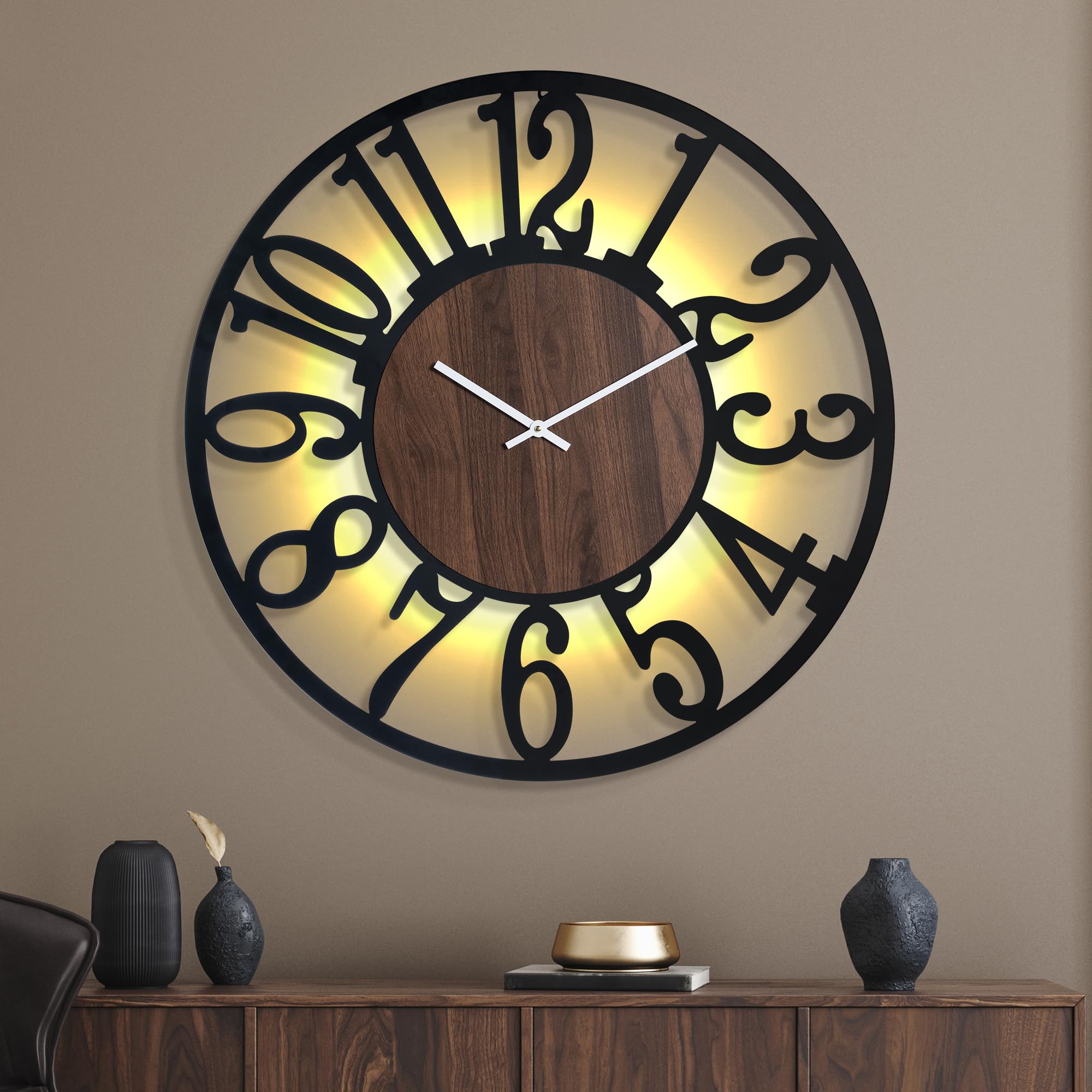 Mee 2ou 76cm Large Metal Wall Clock with Voice and Light Sensor Night Light, Glow in The Dark Non-Ticking Silent Battery Operated Decorative Oversized Wall Clock for Bedroom Living Room Decor