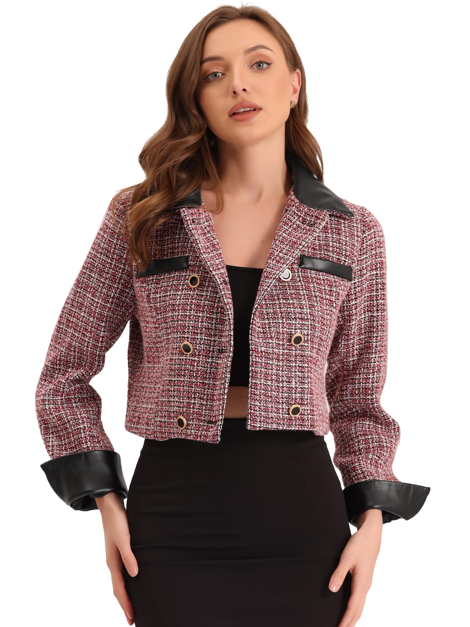 Allegra K Tweed Plaid Blazer for Womens Contrast Collar Double Breasted Vintage Cropped Jackets