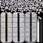 4000PCS Flatback Rhinestones and Half Round Pearls Kit 16, Multi Size Glass Clear Crystals, Plastic Flat Back White AB & Beige AB Dome Bead with Pickup Pencil and Tweezer for Nail Art