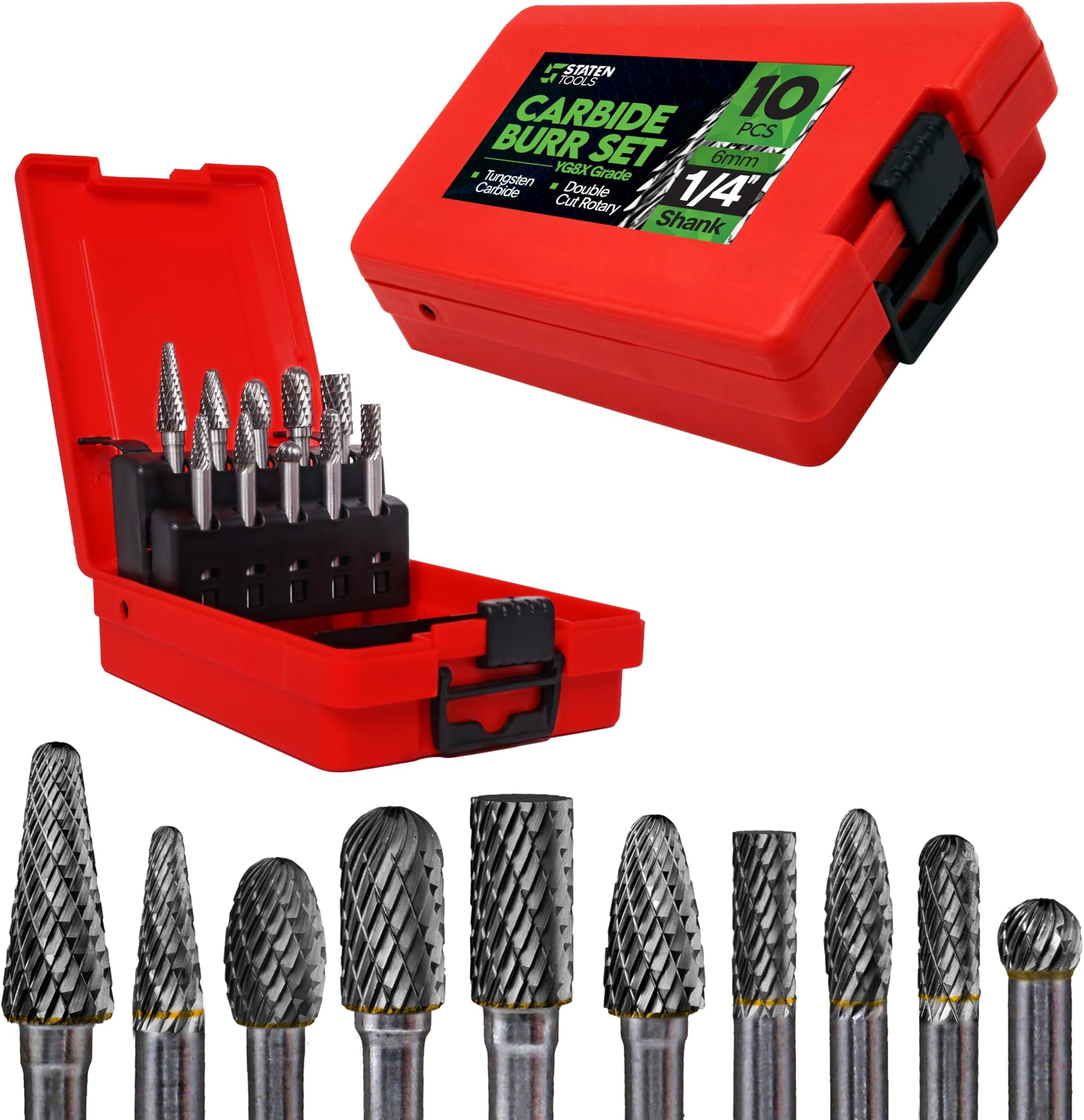Carbide Burr Set 1/4" Shank – 10 Pcs Double Cut Die Grinder Bits for Milling, Carving, Engraving, Deburring, Drilling Wood & Metals – Carbide Drill Bit Set for Rotary & Die Grinders