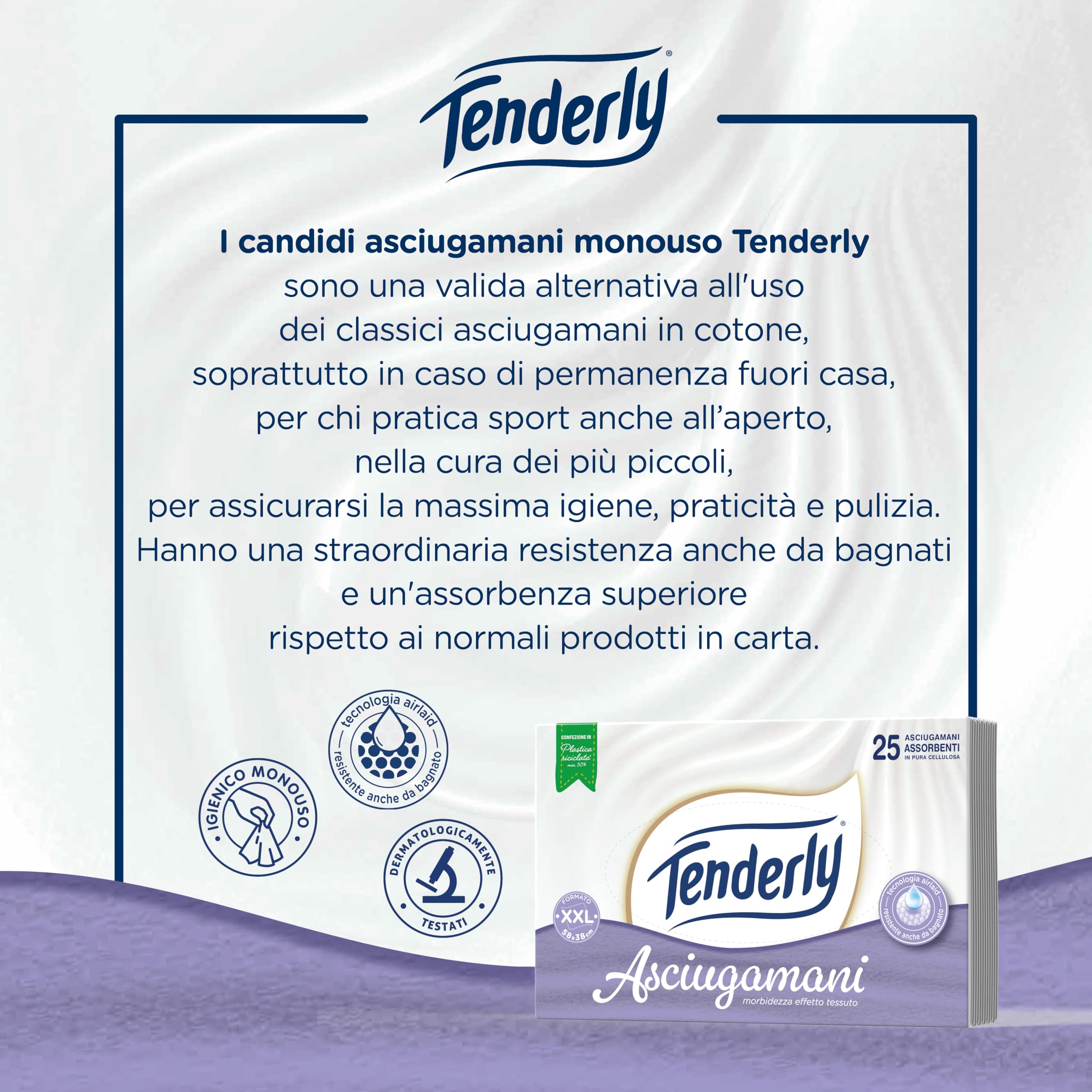 Tenderly Asciugamani Monouso, 16 Confezioni da 25 Candidi Asciugamani Monouso Realizzati in Pura Cellulosa, Super Assorbenti e Delicati sulla Pelle, Made in Italy, Dermatologicamente Testato