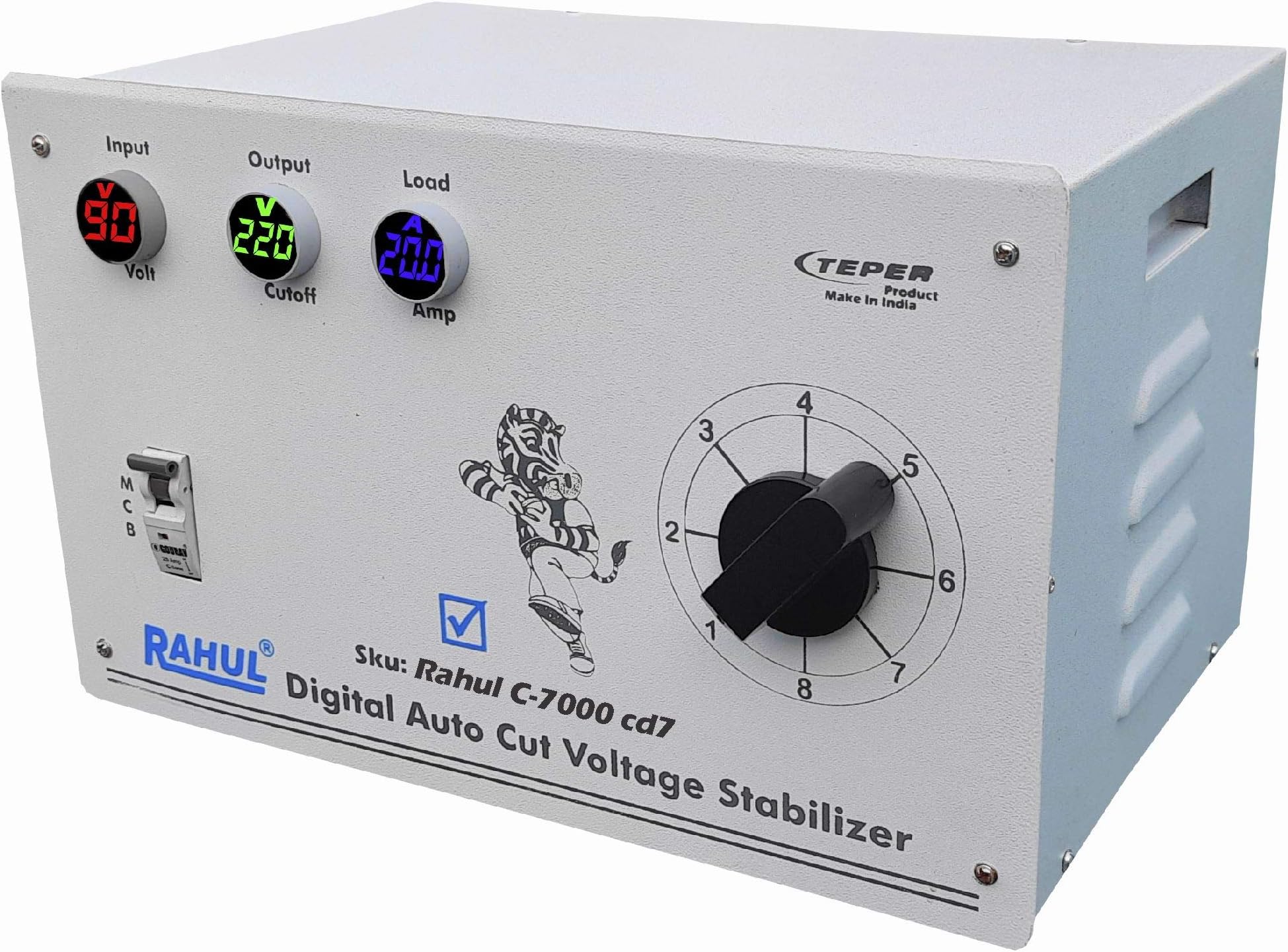 Rahul C-7000 cd7 Kva/28 Amp,Manual 8 Booster,Input 90-260 Volt,Use a Maximum of 28 Amp Load,with 3 metar Input,Output+Load Metar with Over Load MCB, Mainline Digital Autocut Copper Voltage Stabilizer