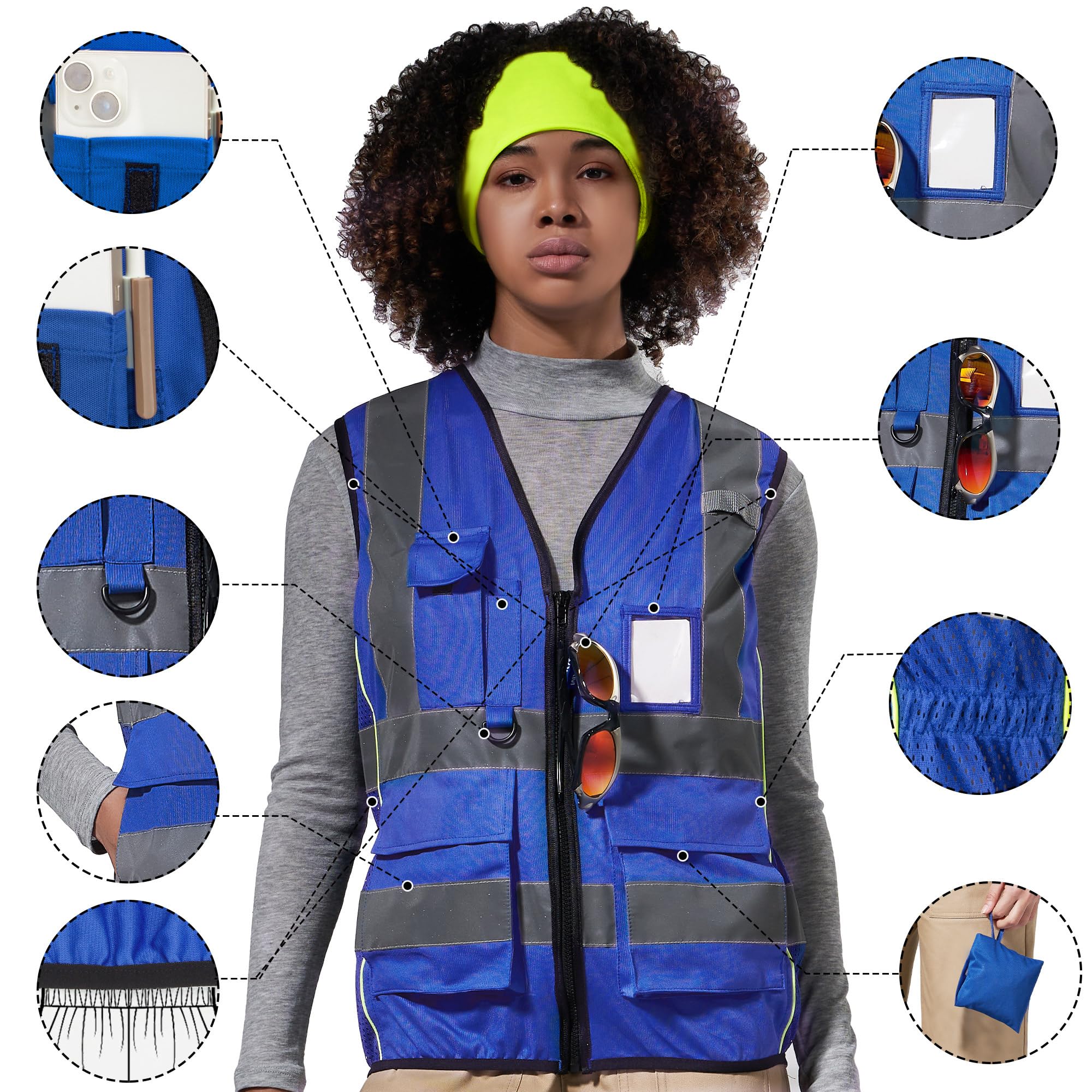 AYKRM XSmall Blue Women Hi Vis Vests XS blue High Visibility Reflective Safety Security Vest with Pockets zipper - Image 2