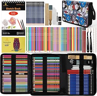 Daerthotk 100 Art Supplies Drawing Kit Pro Drawing Supplies Set has 3-Color Sketchbook Coloring book Graphite Colored Char...