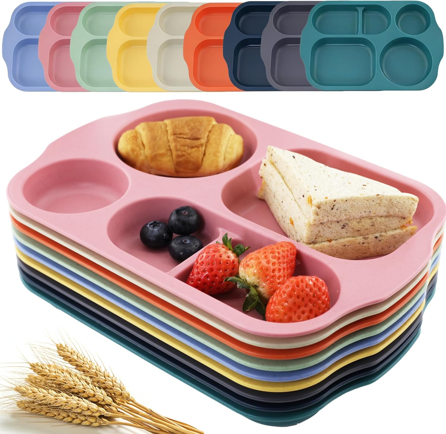 Wheat Straw Plates 9 Pack, 5-Compartment Divided Trays, Unbreakable Dishwasher Safe, 13.5″ Serving Plates