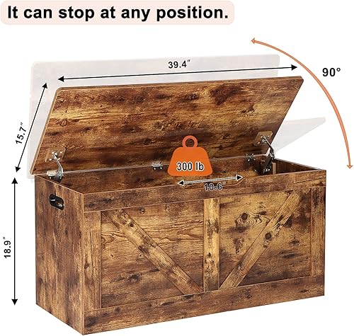 Vista 3 de Baúl de almacenamiento de 39.4 pulgadas, banco de almacenamiento de madera, baúl de almacenamiento grande con 2 bisagras de seguridad, banco