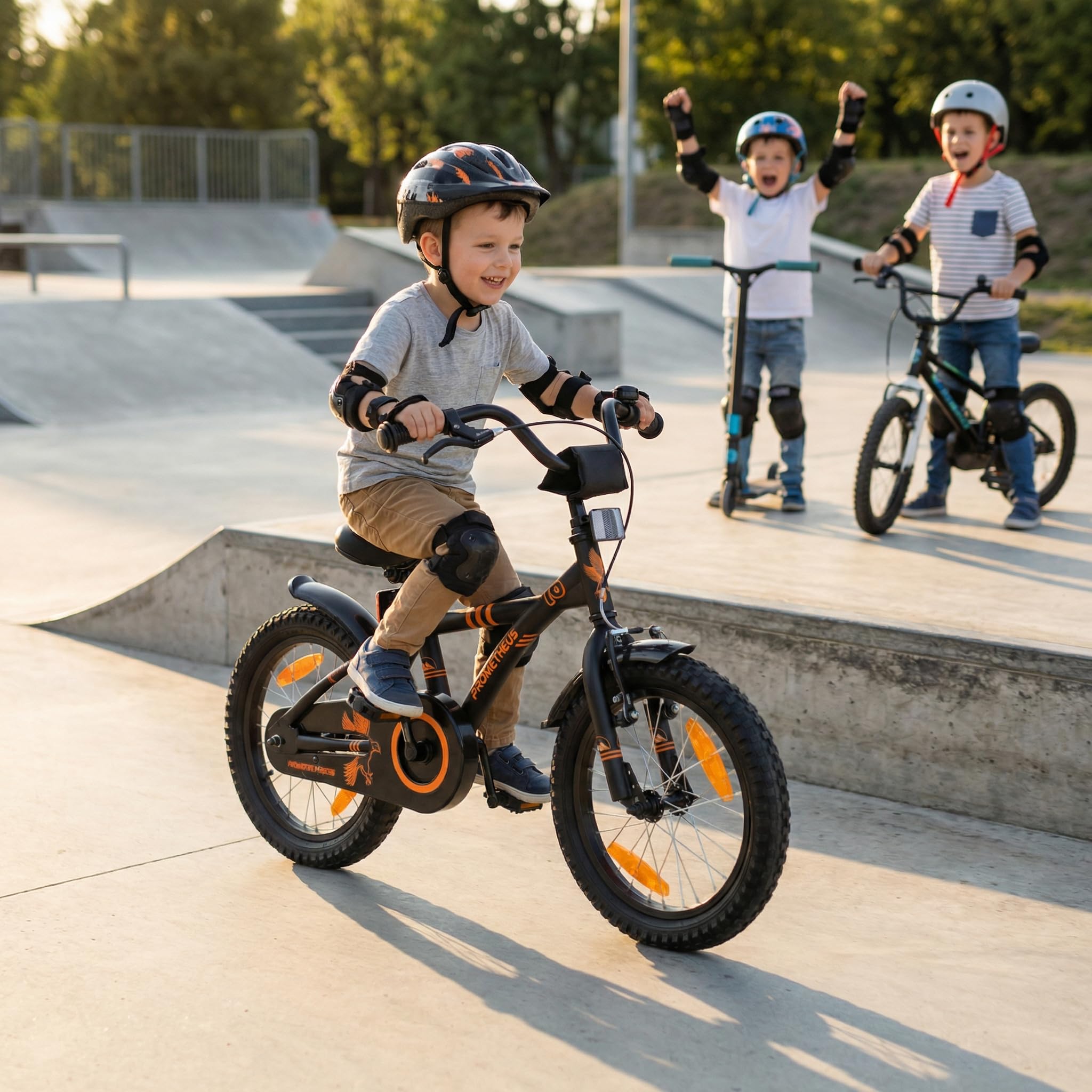PROMETHEUS BICYCLES Velo 16 Pouces Garcon Fille Velo Enfant 16 Pouces pour 4 a 5 Ans - Vélo BMX avec Frein à rétropédalage, Roues stabilisatrices en Noir