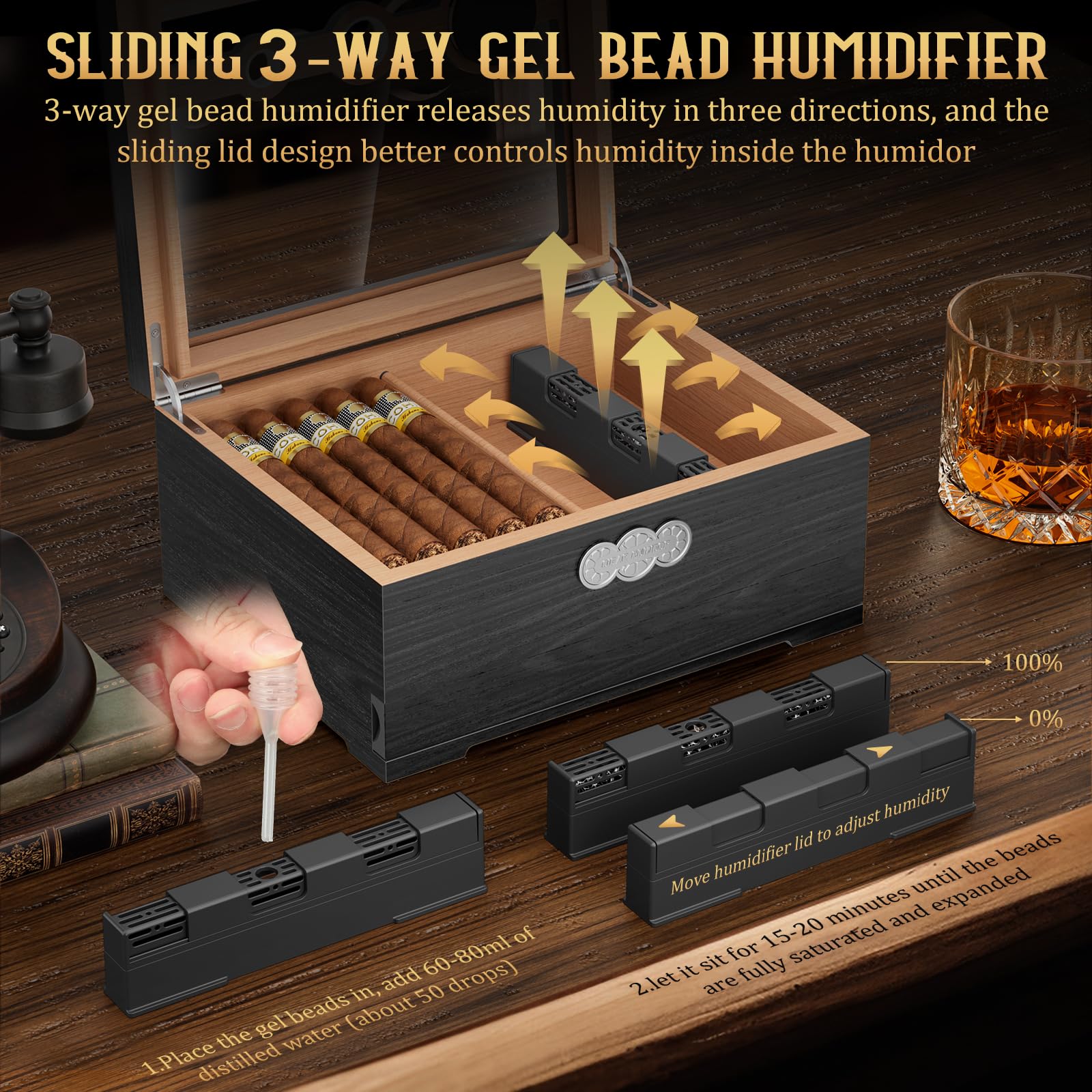 LIHTUN Zigarren Humidor, Glas Top Desktop Humidor Box, Zigarren Geschenke für Männer, Zedernholz Zigarrenkoffer mit Digital Hygrometer, Luftbefeuchter, Messskala und Zigarren Zubehör Schublade
