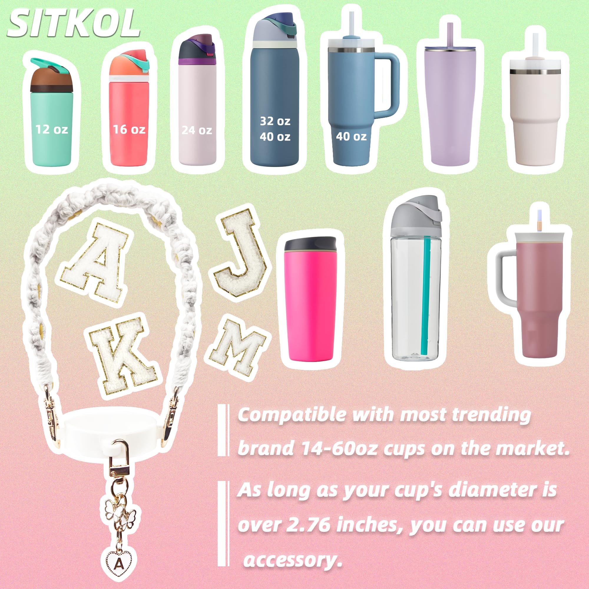 Cute Letter Charm Set Compatible with Owala Water Bottle 24 oz, 32 oz, 40 oz, Owala Kids, Owala Coffee Tumbler, Owala FreeSip – Includes Handle Strap, for Owala & Stanley Cup Accessories (White, K)