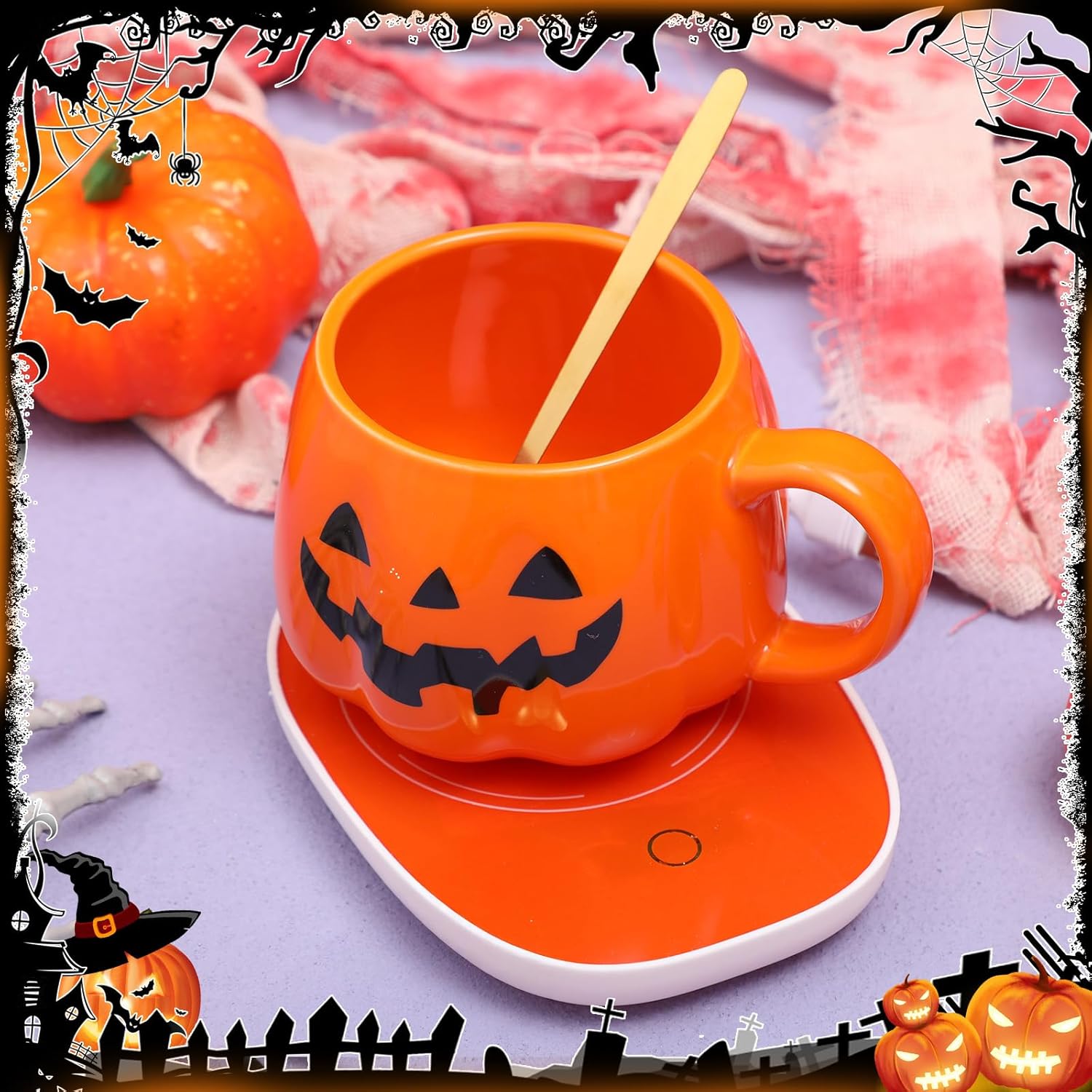 Yungyan 14 oz Halloween Ghost Mug Set Coffee Warmer for Desk with Mug Set Electric Beverage Warmer Drink Heater for Desk Office Home Housewarming Gift Spooky Halloween Birthday Gift(Orange,Pumpkin)
