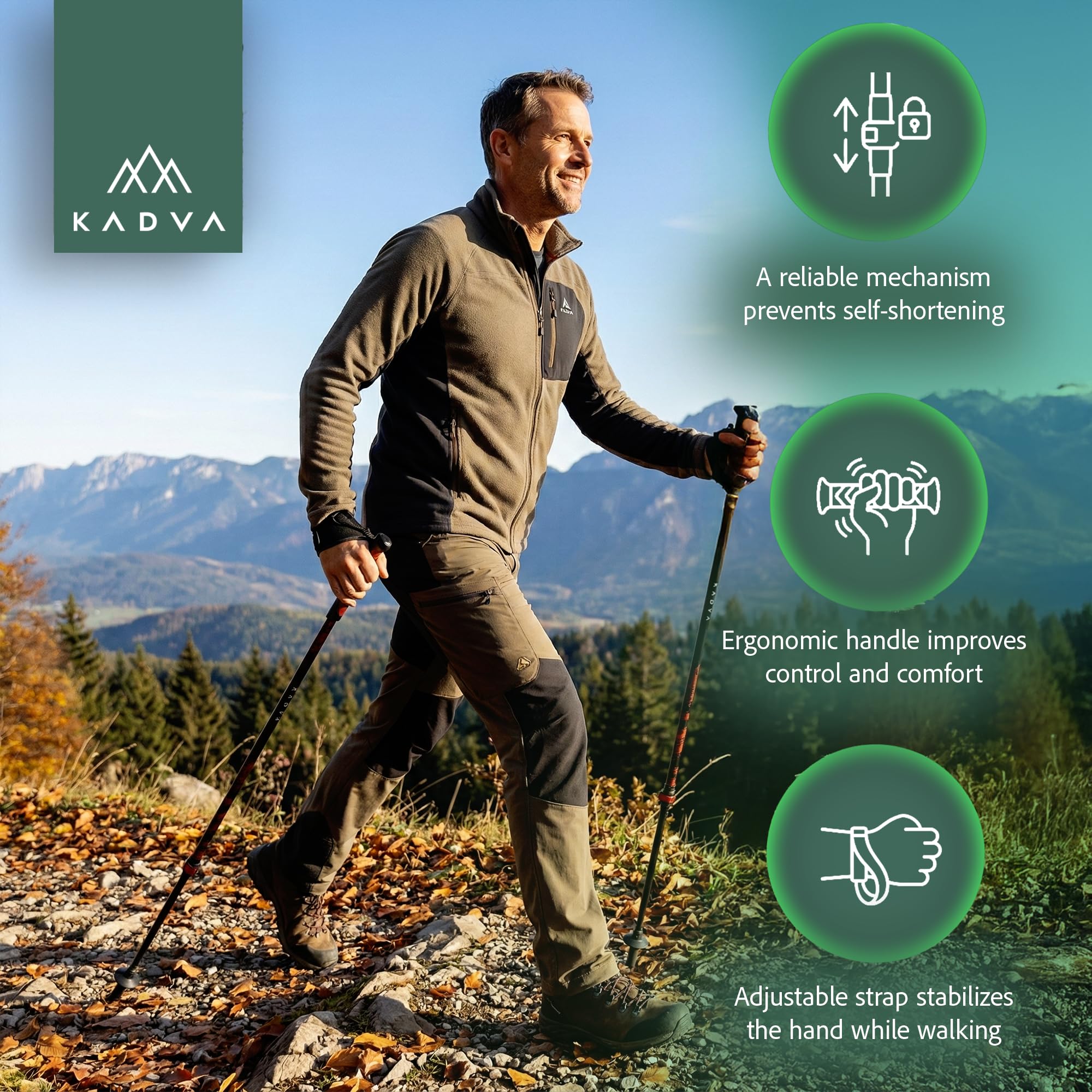 KADVA HALNA Nordic Walking Stöcke in Rot, verstellbare Größe 84-135 cm Quick Lock System für stabile und sichere Fixierung des Griffs aus strapazierfähigem PP und TPR
