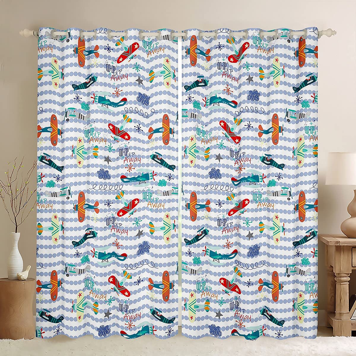 Cartoon Aircraft Window Curtains for Bedroom Living Room Airplane Window Drapes for Kids Boys Girls Cute Toy Aircraft Window Treatments Circle Stripes W46*L72 โ image 1