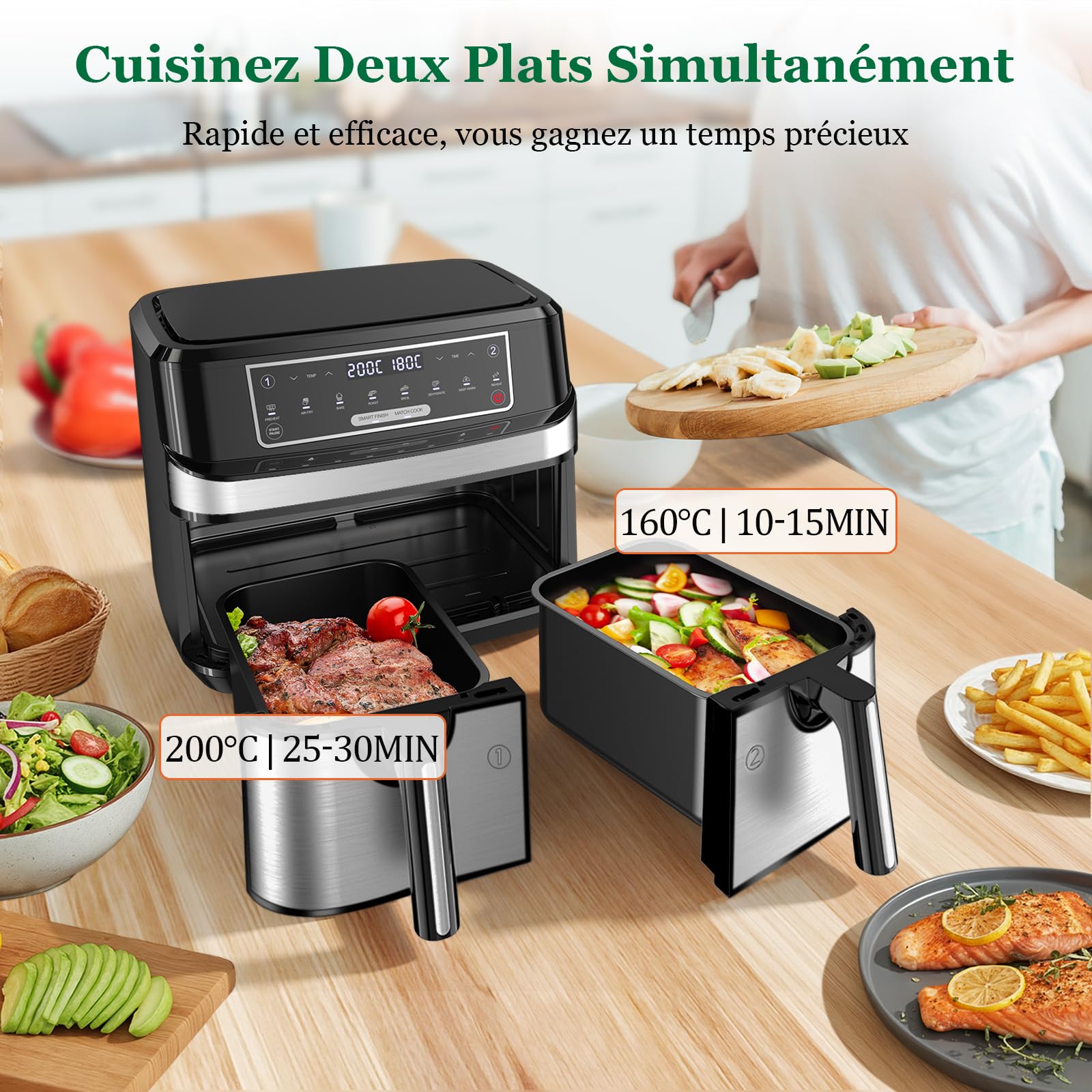 Air Fryer Double Compartiment 9L | Friteuse Sans Huile a 2x4,5L Tiroir, 2600W Friteuse à Air Chaud 8 en 1 Écran Tactile Smart Finish Fonction, Airfryer Deux Zones Contrôle Individuel Température Temps