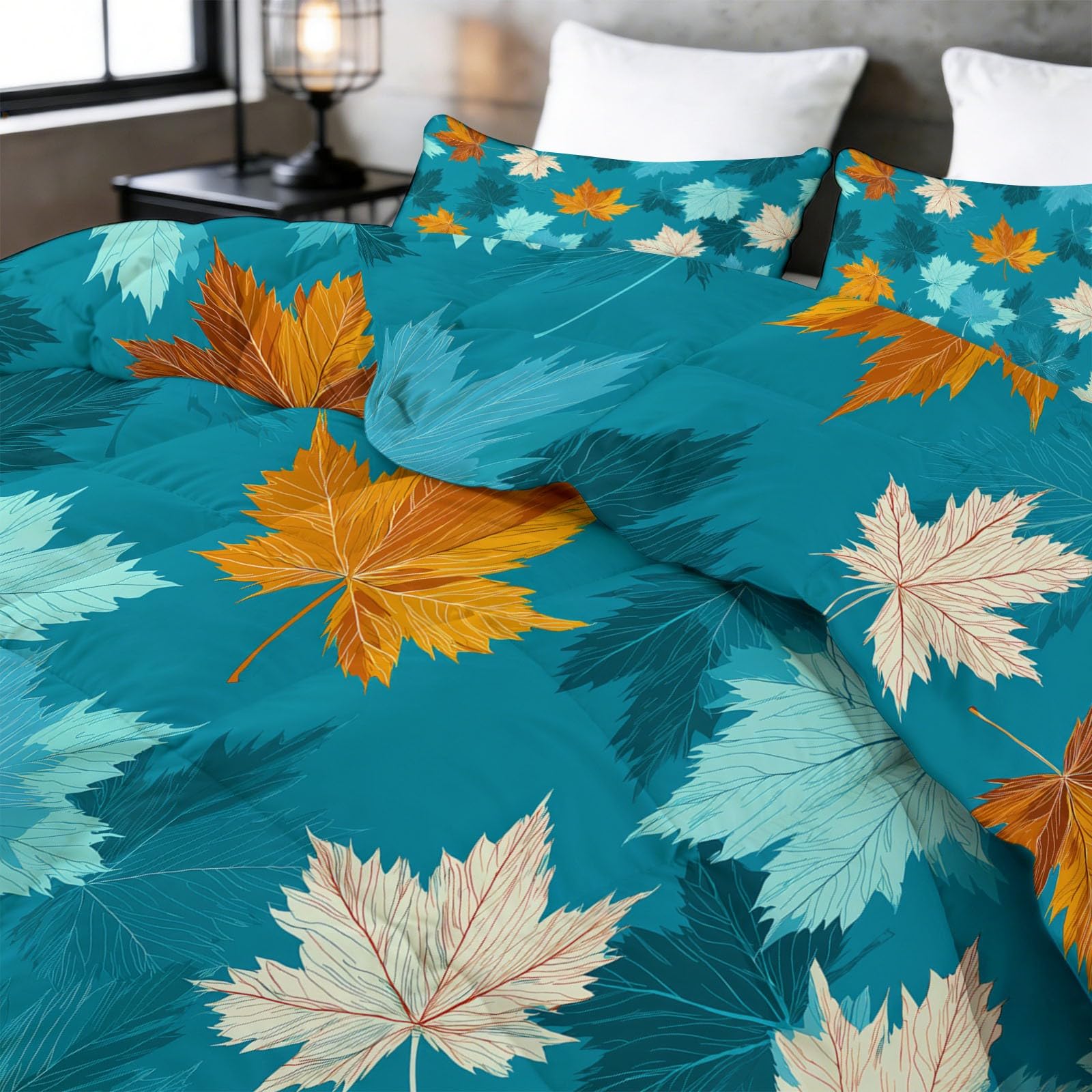 Trapunta Matrimoniale o Singola Stampa 3D 150x200 cm Foglie blu foglie d'acero Trapunta Set 3 Pezzi con 2 Federe, Piumone Letto 4 Stagioni Trapuntino Traspirante Morbida