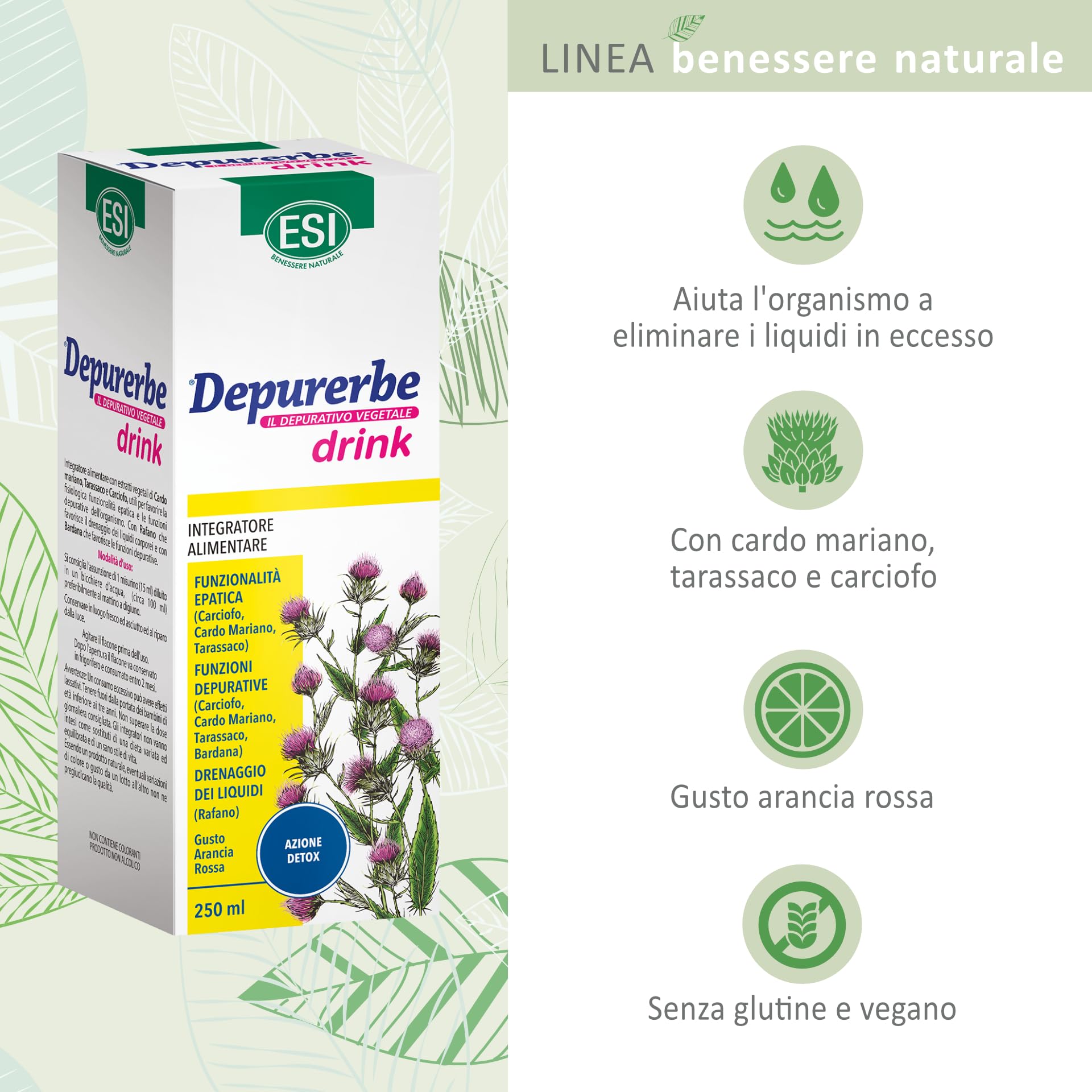 ESI - Depurerbe Drink, Integratore Alimentare a Base di Cardo Mariano, Tarassaco e Carciofo, Aiuta l'Organismo a Eliminare le Tossine Accumulate, Gusto Arancia Rossa, Senza Glutine e Vegano, 250 ml
