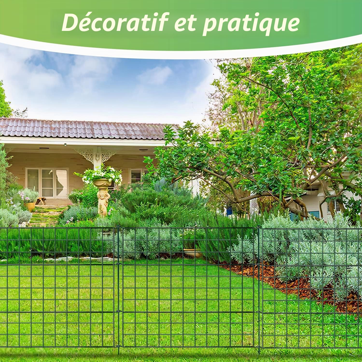 Clôture d'étang clôture de jardin en métal enclos ouverts clôtures grillagées enclos pour lapins clôture pour chiens étang 22 pièces 10 éléments de clôture et 12 barres de fixation (droites)