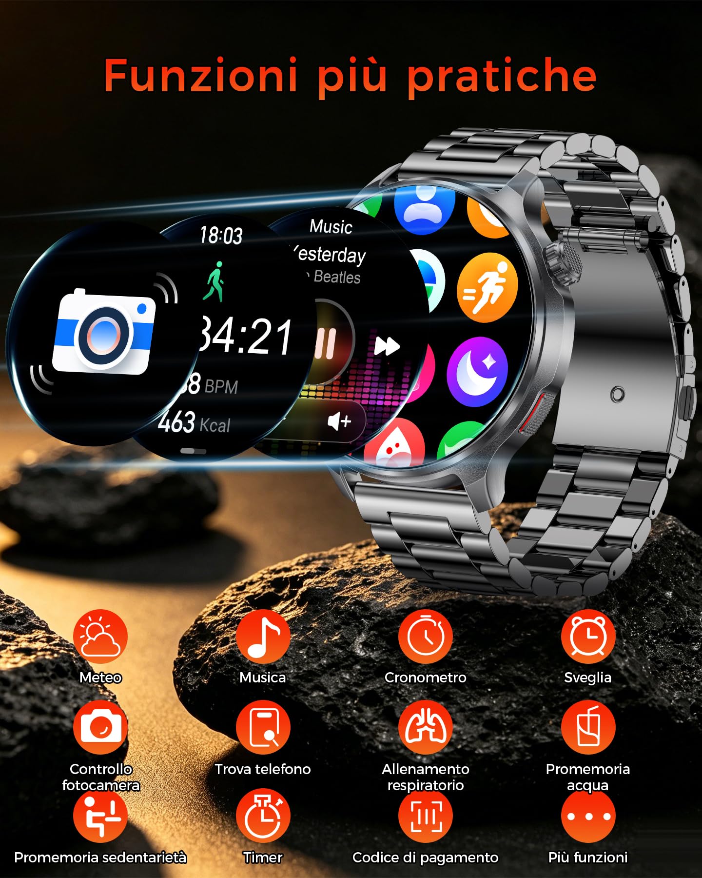 Smartwatch Uomo 1,52", Batteria da 1000 mAh, Chiamate Bluetooth | Frequenza Cardiaca, SpO₂, Sonno e Stress, 120+ Modalità Sport, Impermeabile IP68, Android iOS, Due Bracciali, Nero