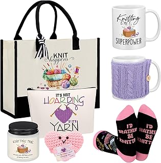 Amylove 8 Pcs Crochet Gifts Set for Women Trapezoid Grocery Canvas Tote Bags with Handle Scented Candle Novelty Socks Cosmetic Bag Mug Heart Crochet Doll Card Xmas Gifts for Knitting Lovers Crocheters