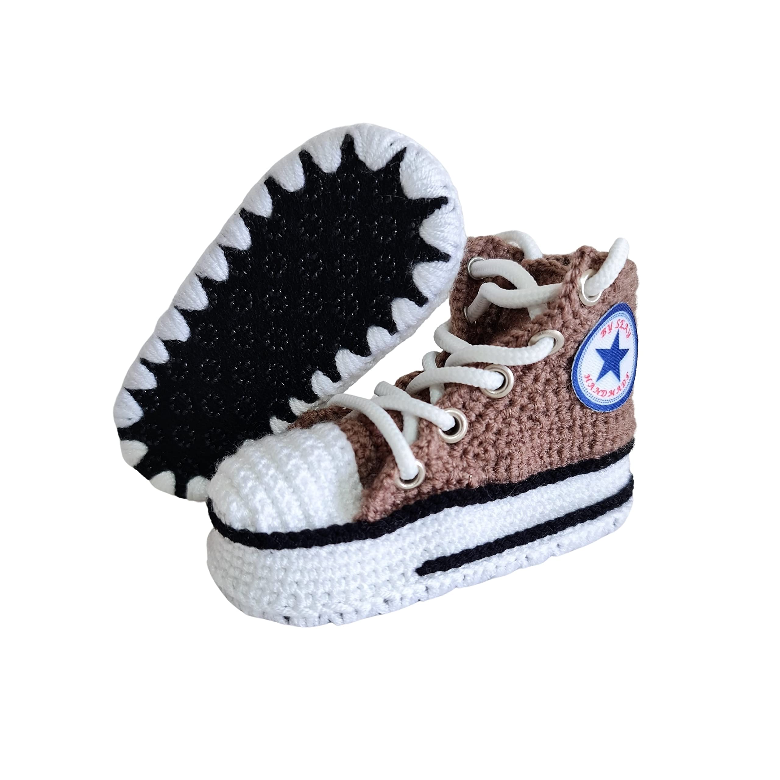 Handgemachte braune Baby Booties, weiche Strick Boots für Neugeborene, Woll-Krabbelsocken und Häkel-Sneaker, rutschfeste Sohle, Geschenk für frischgebackene Eltern