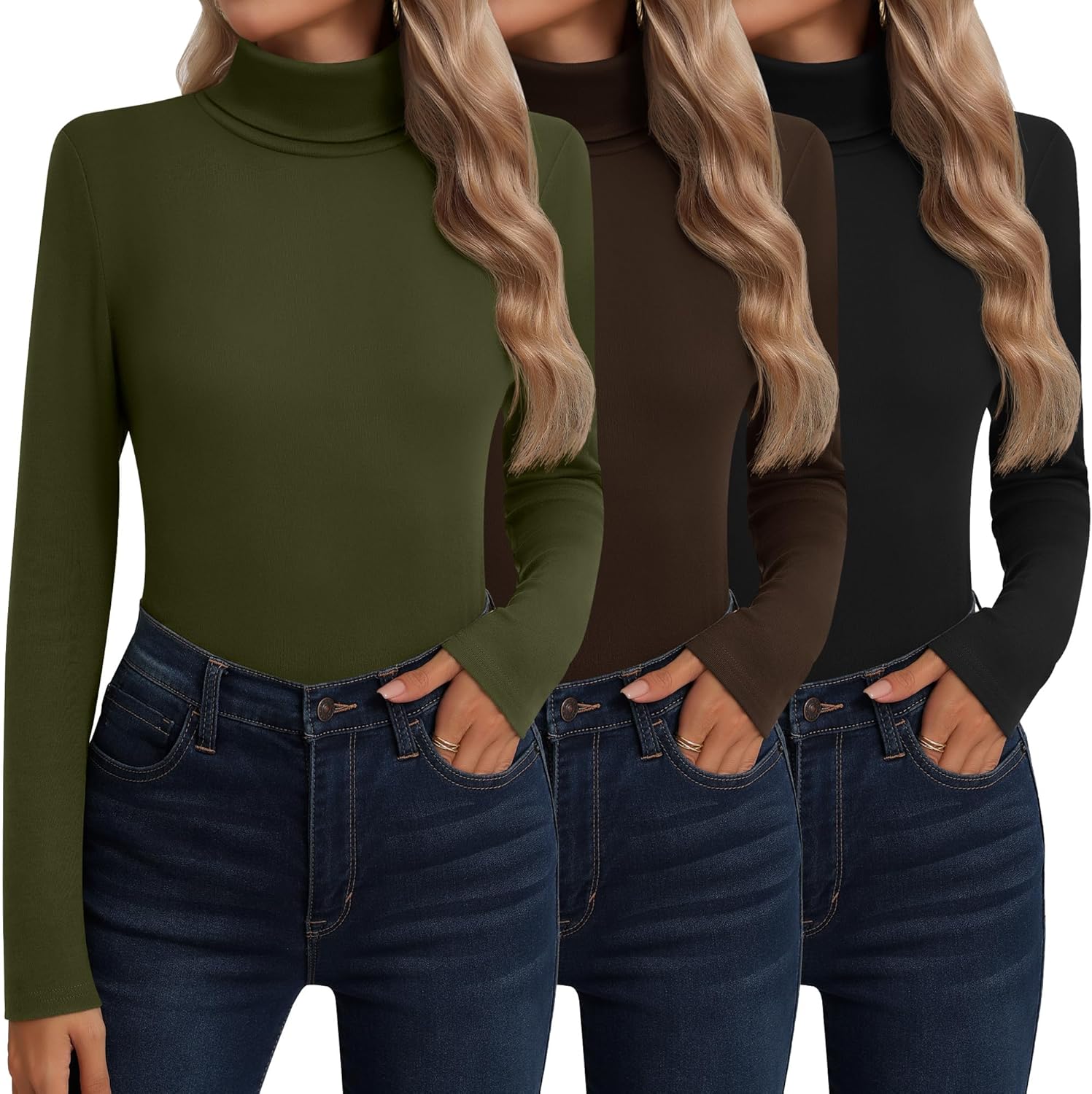 Neer 3 Pack Cotton Women's Turtleneck Long Sleeve Tops Thermal Underwear Base Layer Fall Winter Shirts Sweater