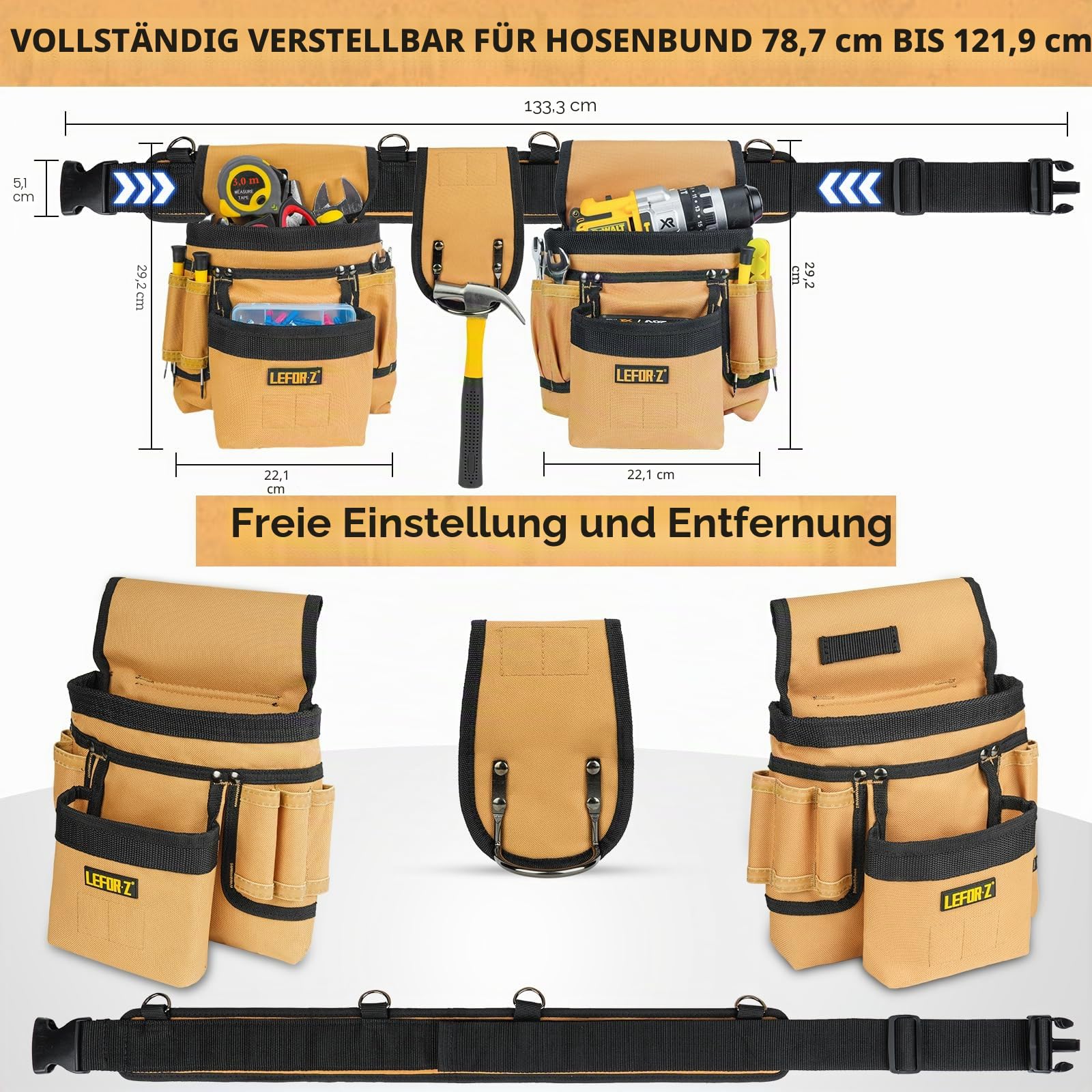Werkzeuggürtel,Magnetische Werkzeugtasche Gepolsterter mit 27 Taschen 4 D-Ringen für Herren,Robust Abnehmbare Verstellbare Allzweckgürtel für Elektriker,Männer,Tischler,Bauarbeiter,Schwarz Braun