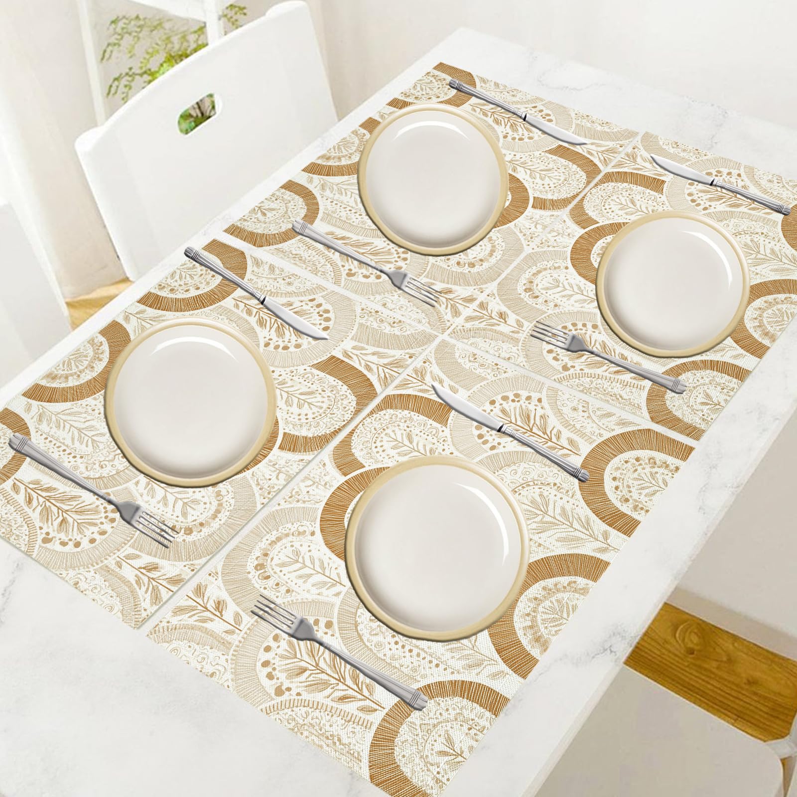 Set de Table Géométrie - 8 Pièces Tapis de Table Arche Beige en Coton et Lin 45×30cm Lavable Placemats Rectangulaire Réutilisable pour Salle à Manger, Salon