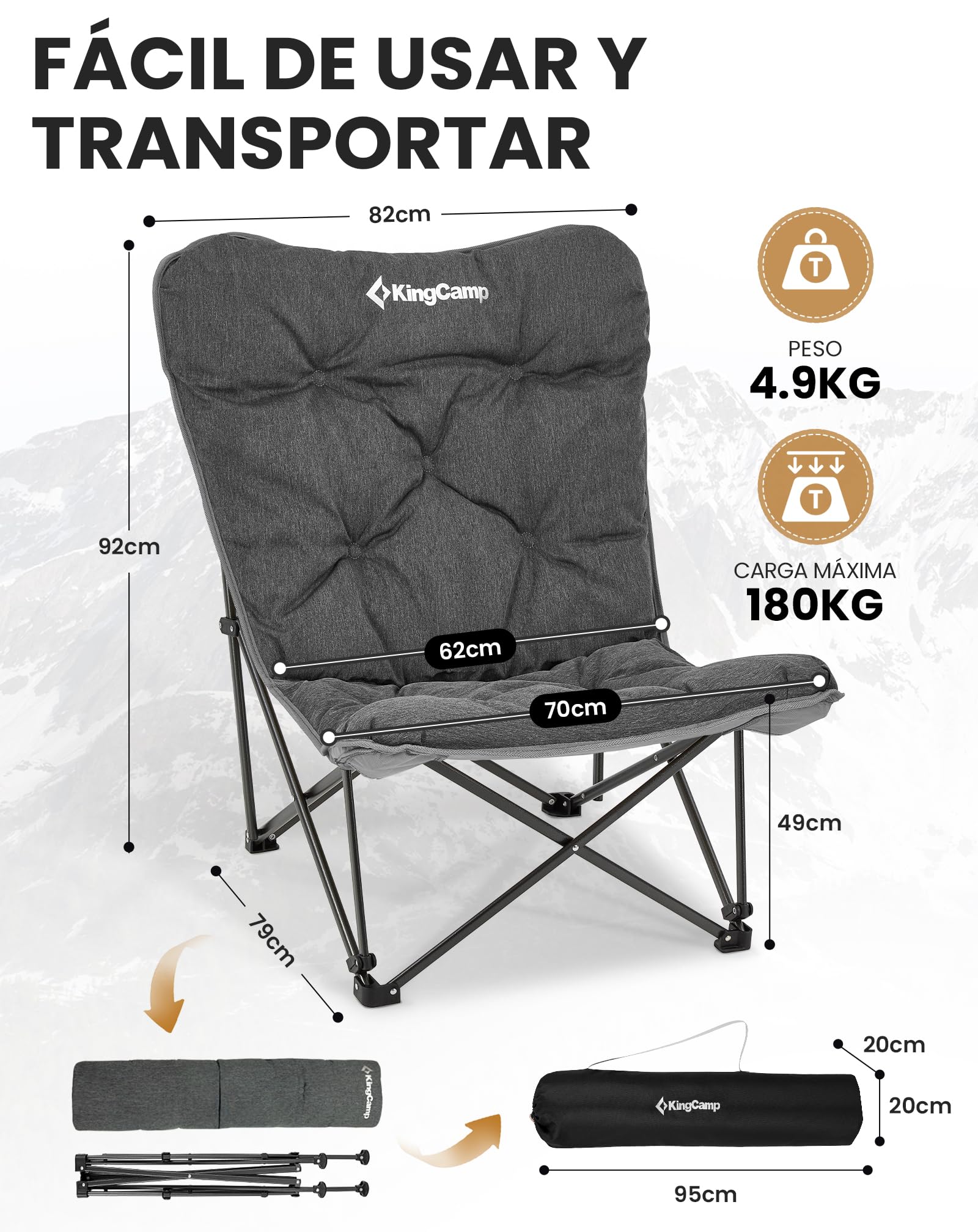 KingCamp Engrosar con Algodón Silla de Camping Acolchada Cómoda Portátil Silla Plegable Camping para Exteriores Picnic Pesca Carga 136KG