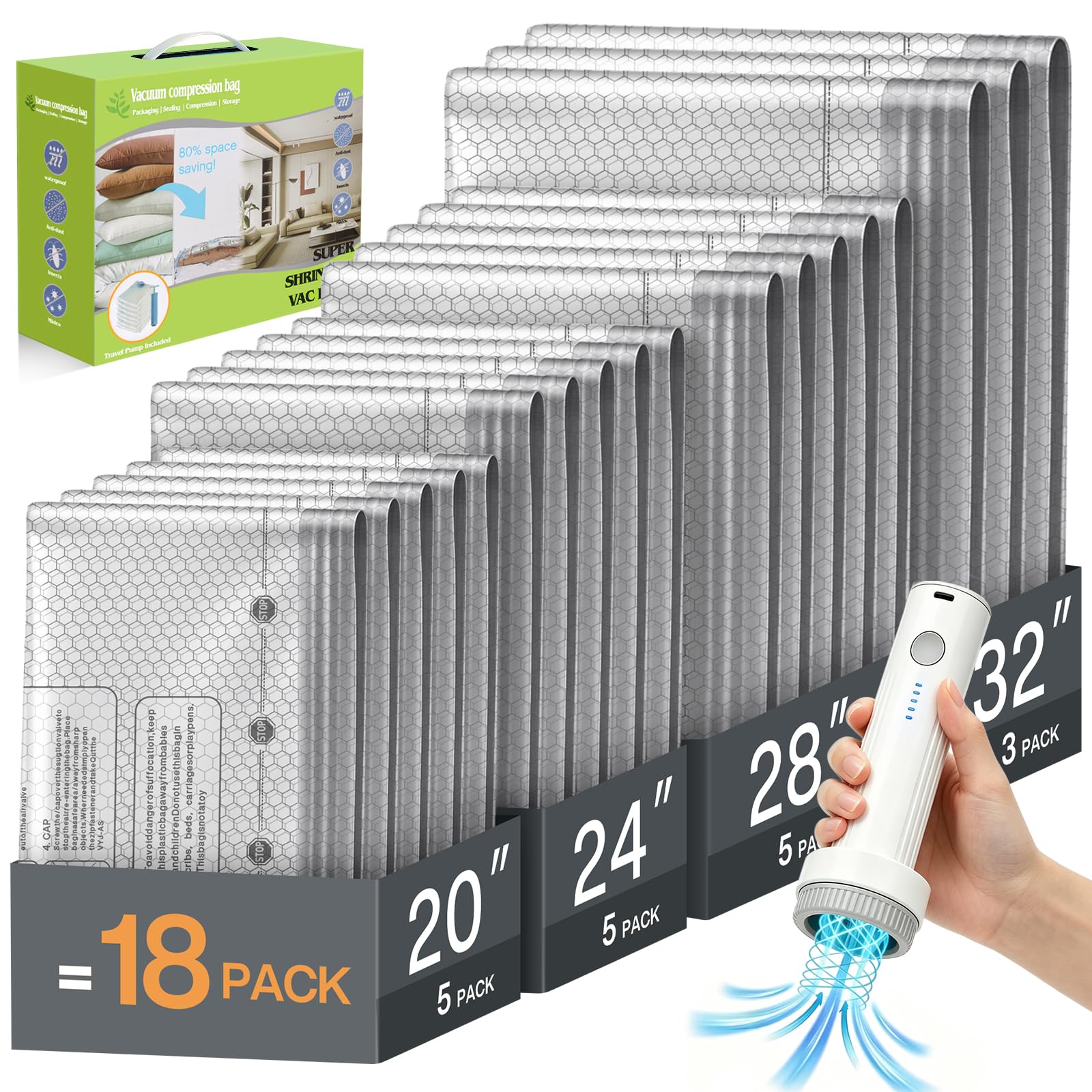 19 Pcs Thickened Upgraded USB Electric Cordless Portable Vacuum Travel Bags for Travel(3 XL/5 L/5 M/5 S Sizes), Space Saver Vacuum Storage Bags With Electric Vcuum Pump, Reusable