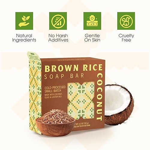 Miniatura 3 de Barra de jabón 2 en 1 de arroz integral y leche de coco (4.2 onzas)  Exfoliación suave y limpieza nutritiva  Procesado en frío, hecho a mano en