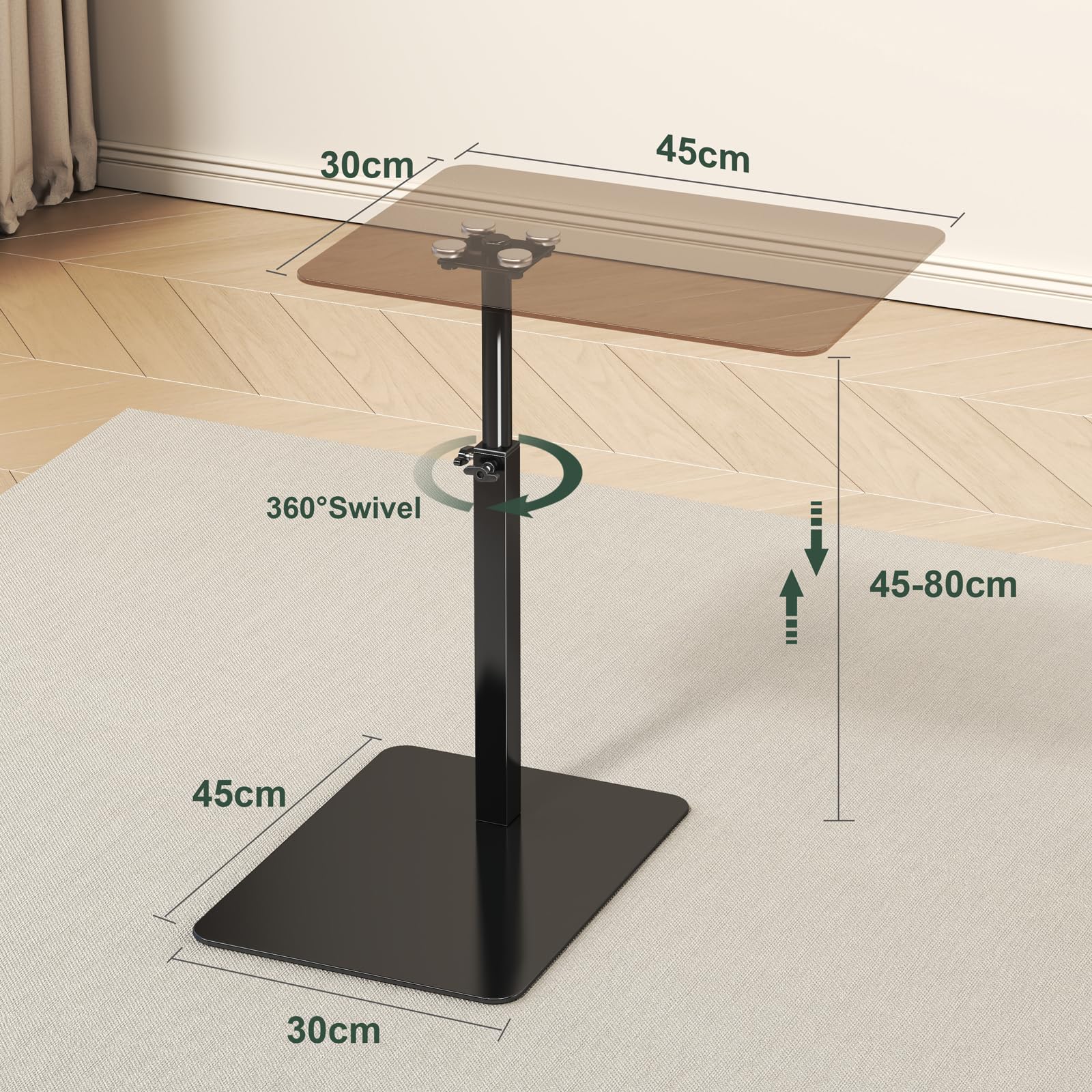 Mesa auxiliar de cristal en forma C, altura ajustable, base de metal, mesa auxiliar para sofá/cama, mesa giratoria de 360°, mesa auxiliar móvil para salón, color negro y transparente. (negro)