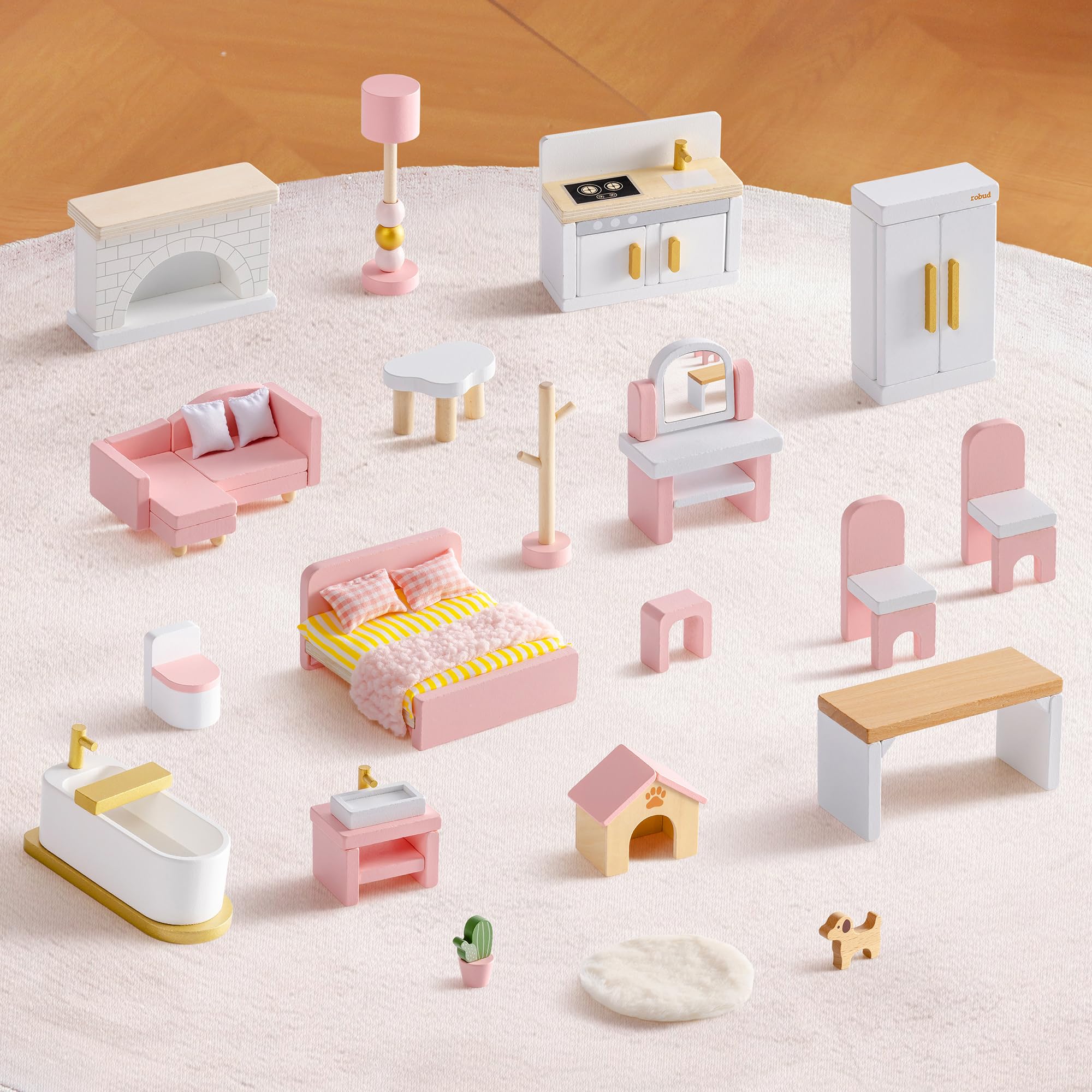 ROBUD Juego de Muebles de Madera para casa de muñecas, 28 Piezas, Accesorios para casa de muñecas, Dormitorio, Cocina, salón, baño, Comedor, Regalo Rosa para niños