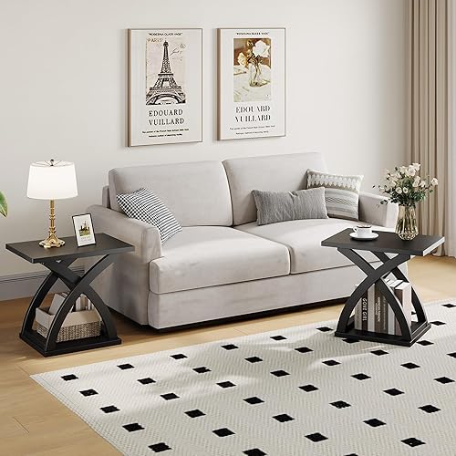 Miniatura 2 de ChooChoo Juego de 2 mesas auxiliares modernas con estante de almacenamiento, mesa auxiliar X-Design para sala de estar