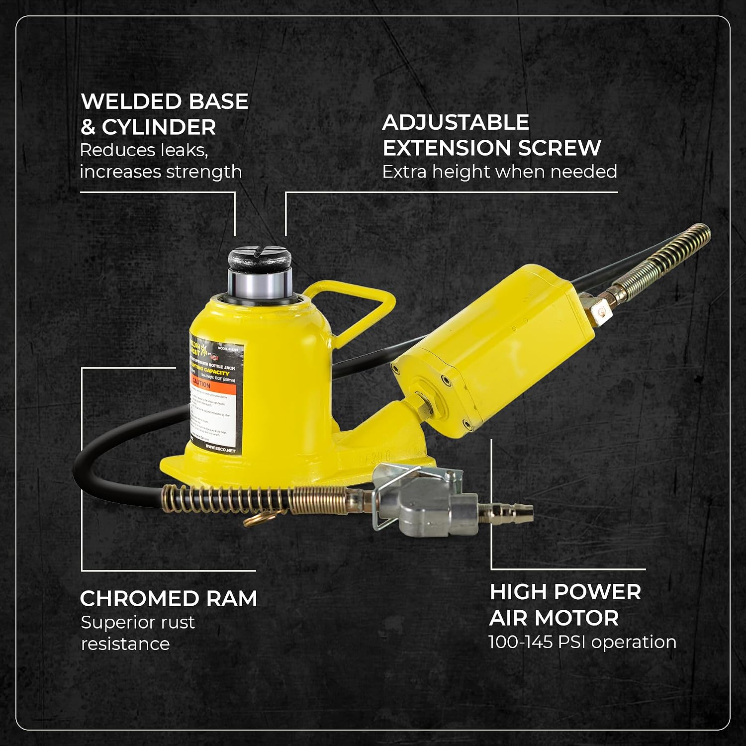 ESCO 10399 Yellow Jackit Air Hydraulic Bottle Jack, 20 Ton Capacity, 10.25 Inch Height 14 Inches Height