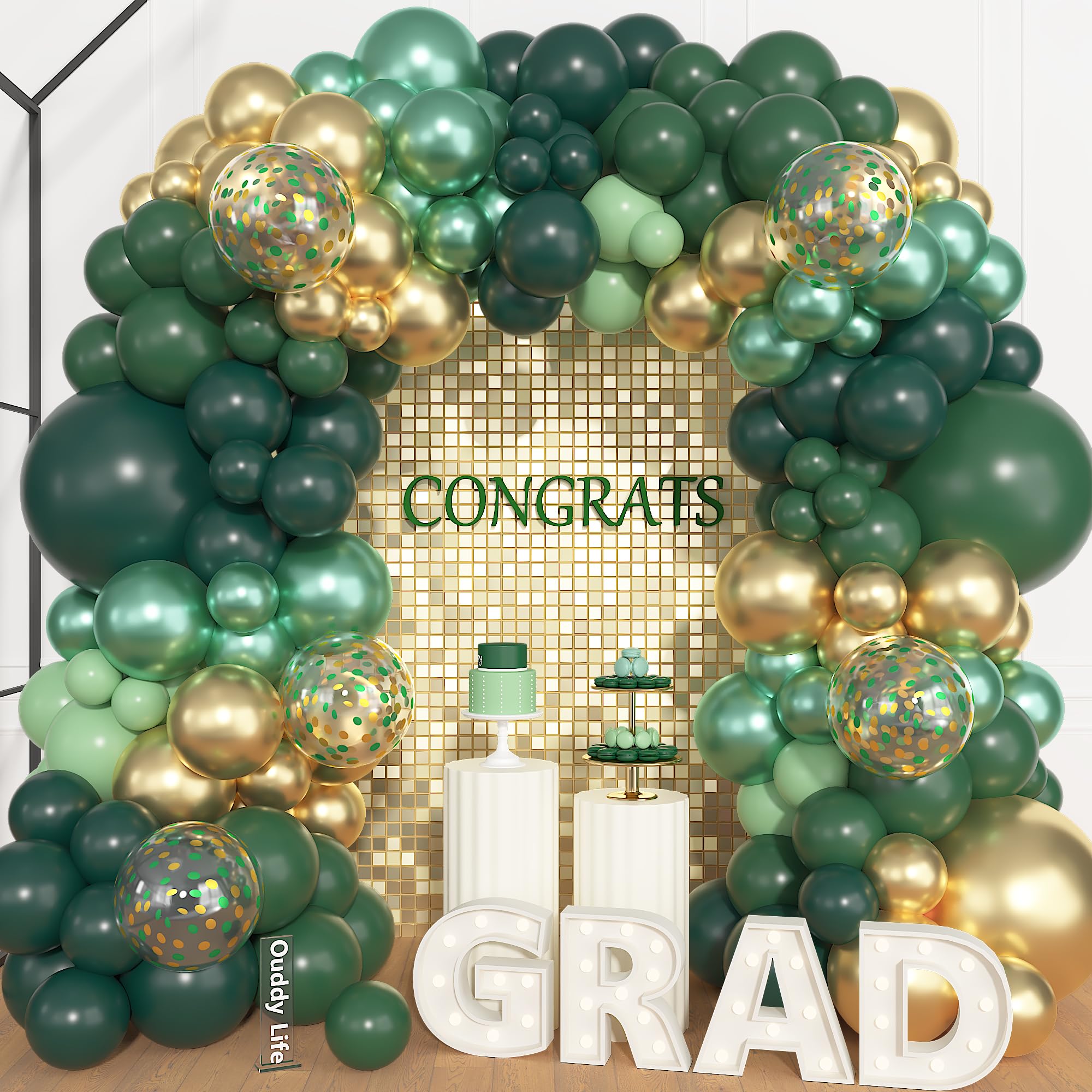 Ouddy Life 157-teiliges grün-goldenes Ballonbogen-Girlande-Set, dunkelgrün-metallisches Latex-Konfetti-Ballon, verschiedene Größen für Abschlussfeier, Klasse, College, Geburtstag, Jahrestag