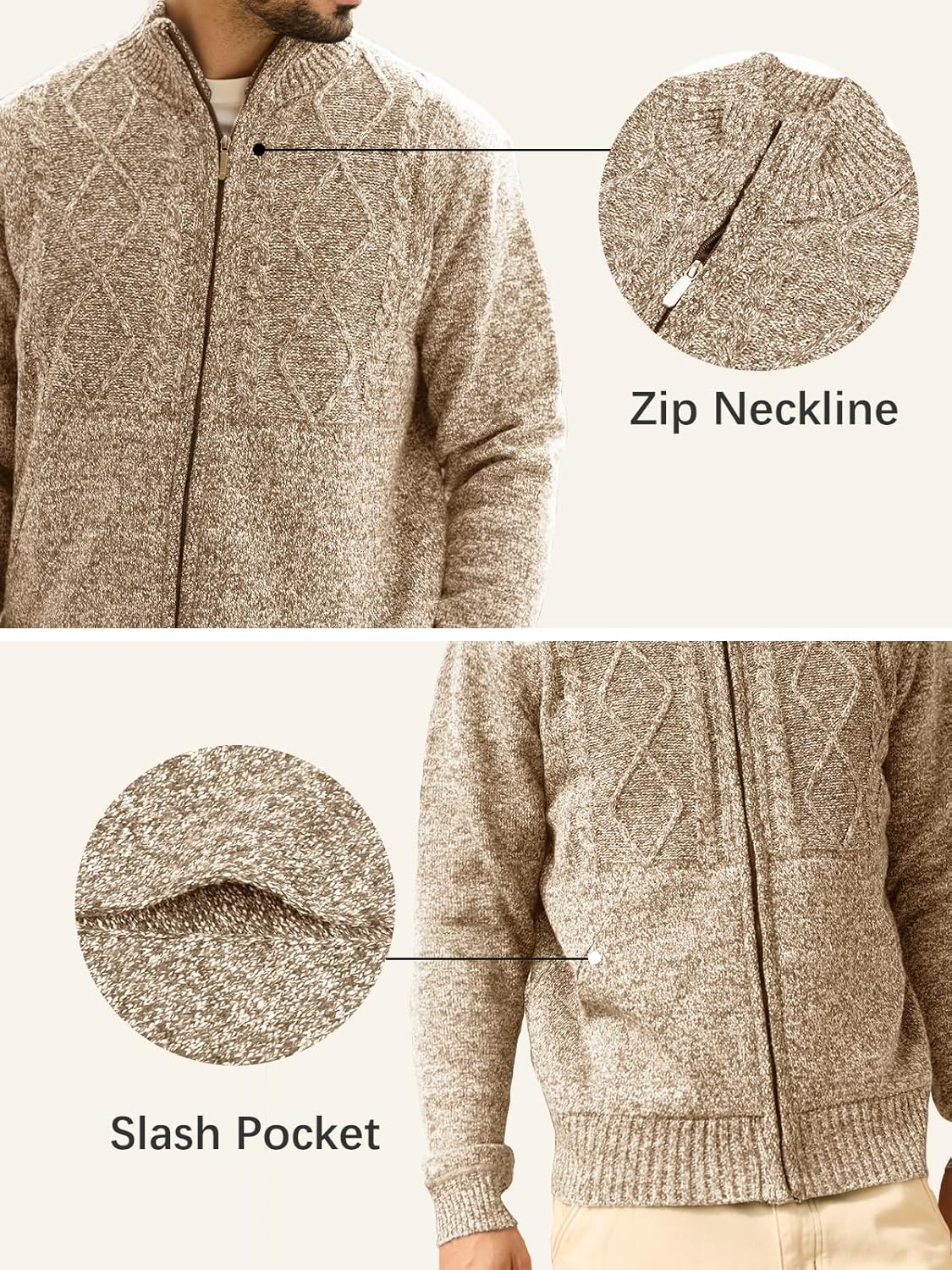 Les umes Mens Knitted Full Zipper Cardigan Fleece Lined Sweater Warm Stand Collar Jumper Coat with Pockets - Image 5